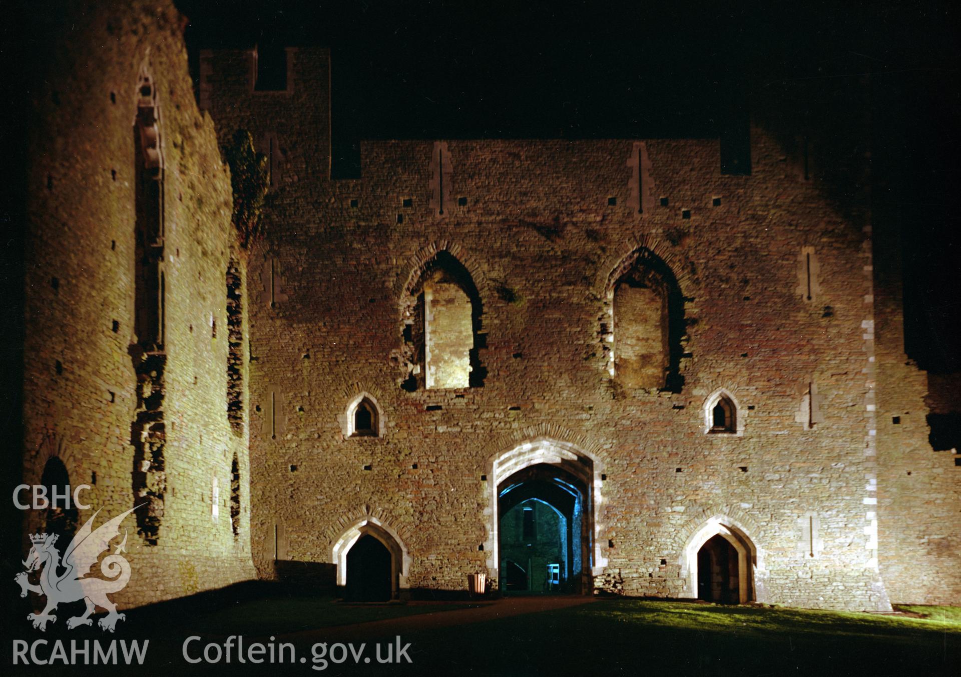 D.O.E photograph of Caerphilly Castle. Floodlit.