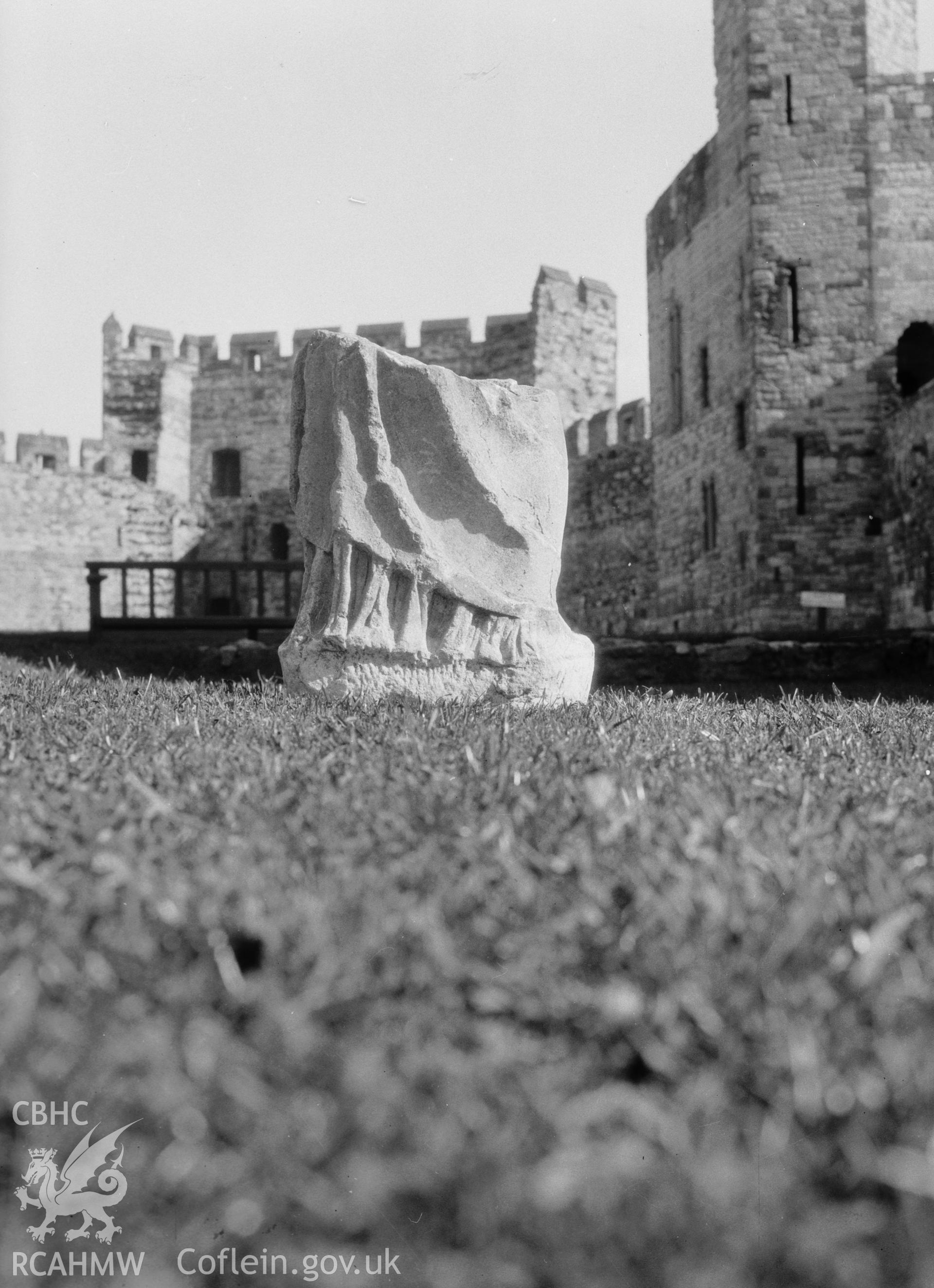 View of stone find on the lawn in front of Caernarfon Castle, Llanbeblig, taken 01.01.1956.