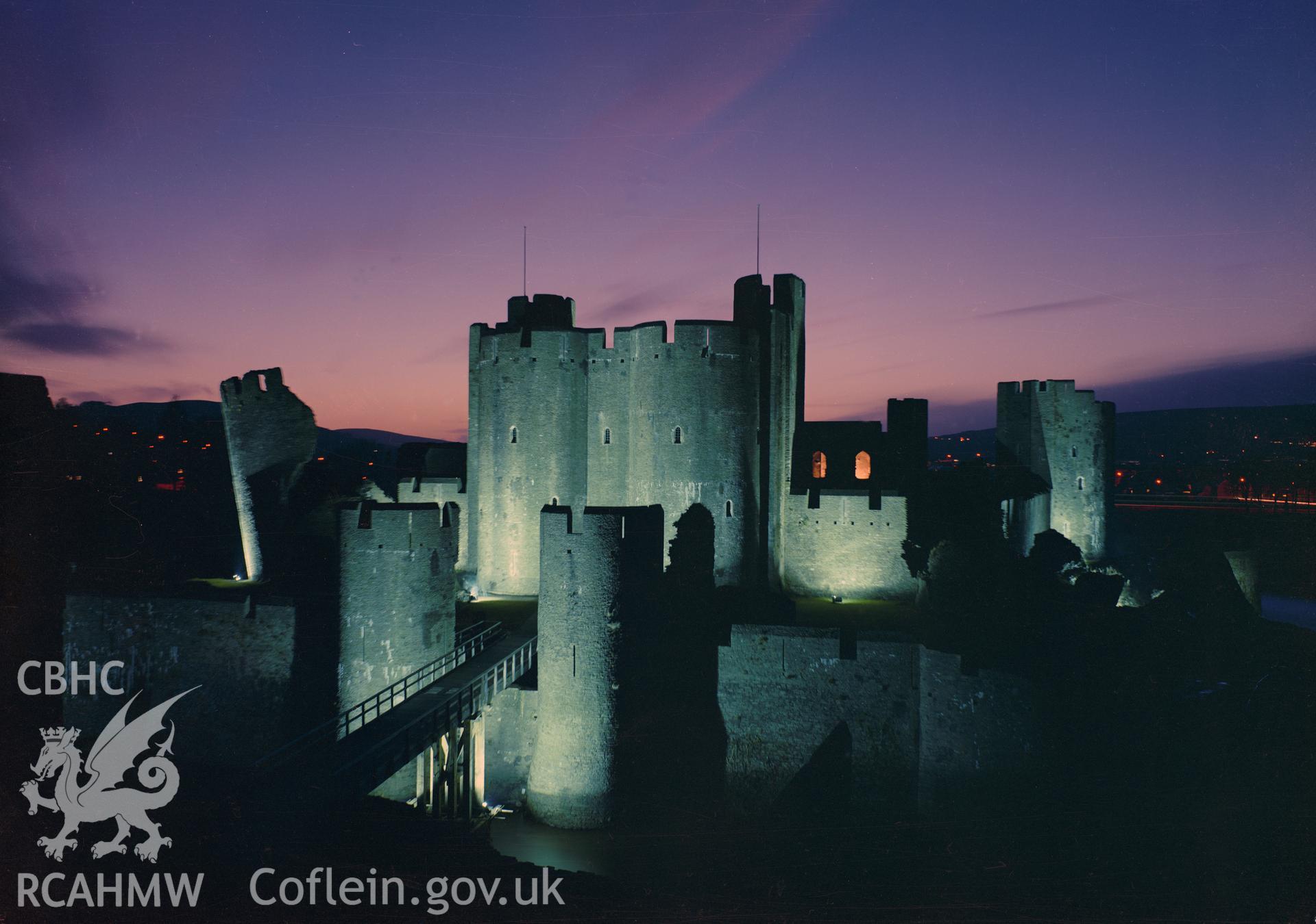D.O.E photograph of Caerphilly Castle. Floodlit.