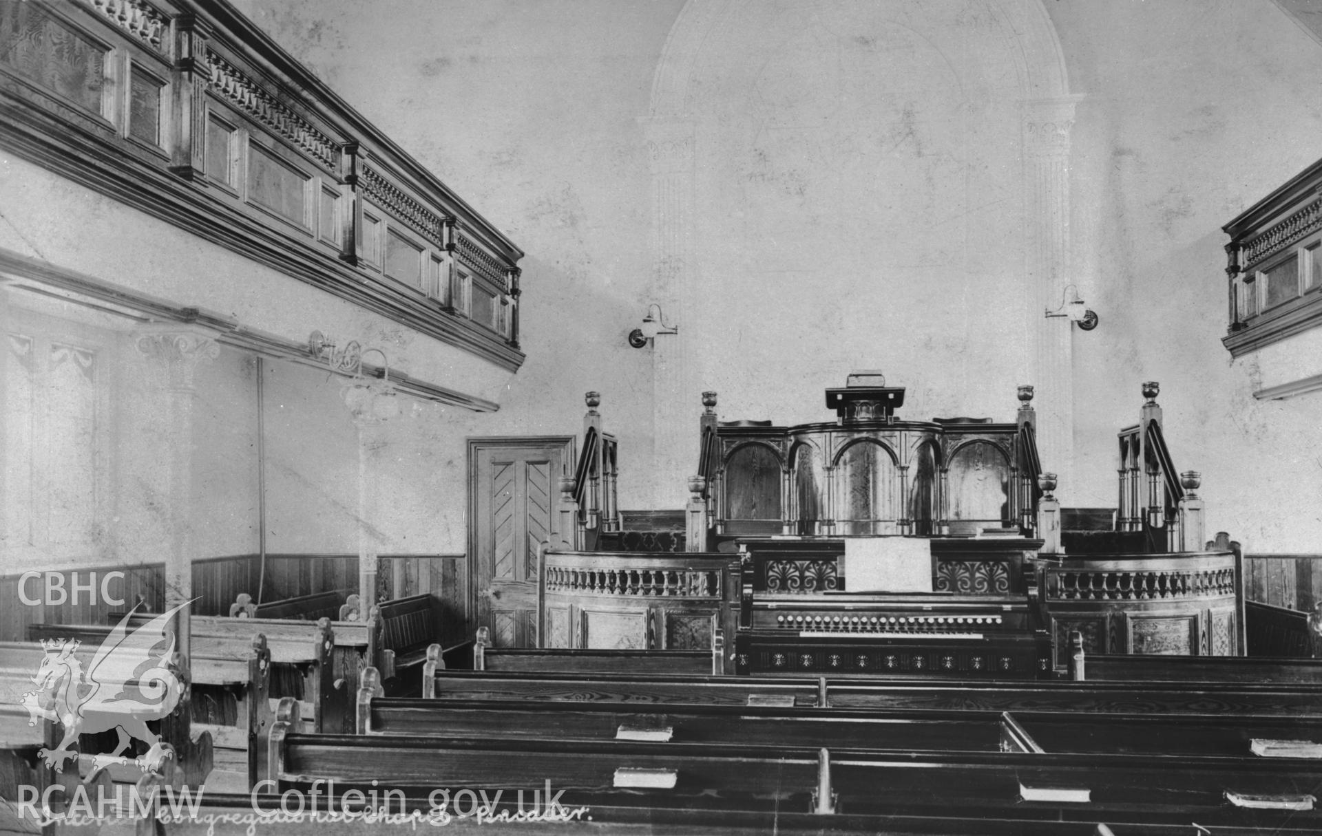 Copy of b/w postcard of interior of Congregational Church (Independant), Pencader, copied from original loaned by Thomas Lloyd.  Copy negative held.