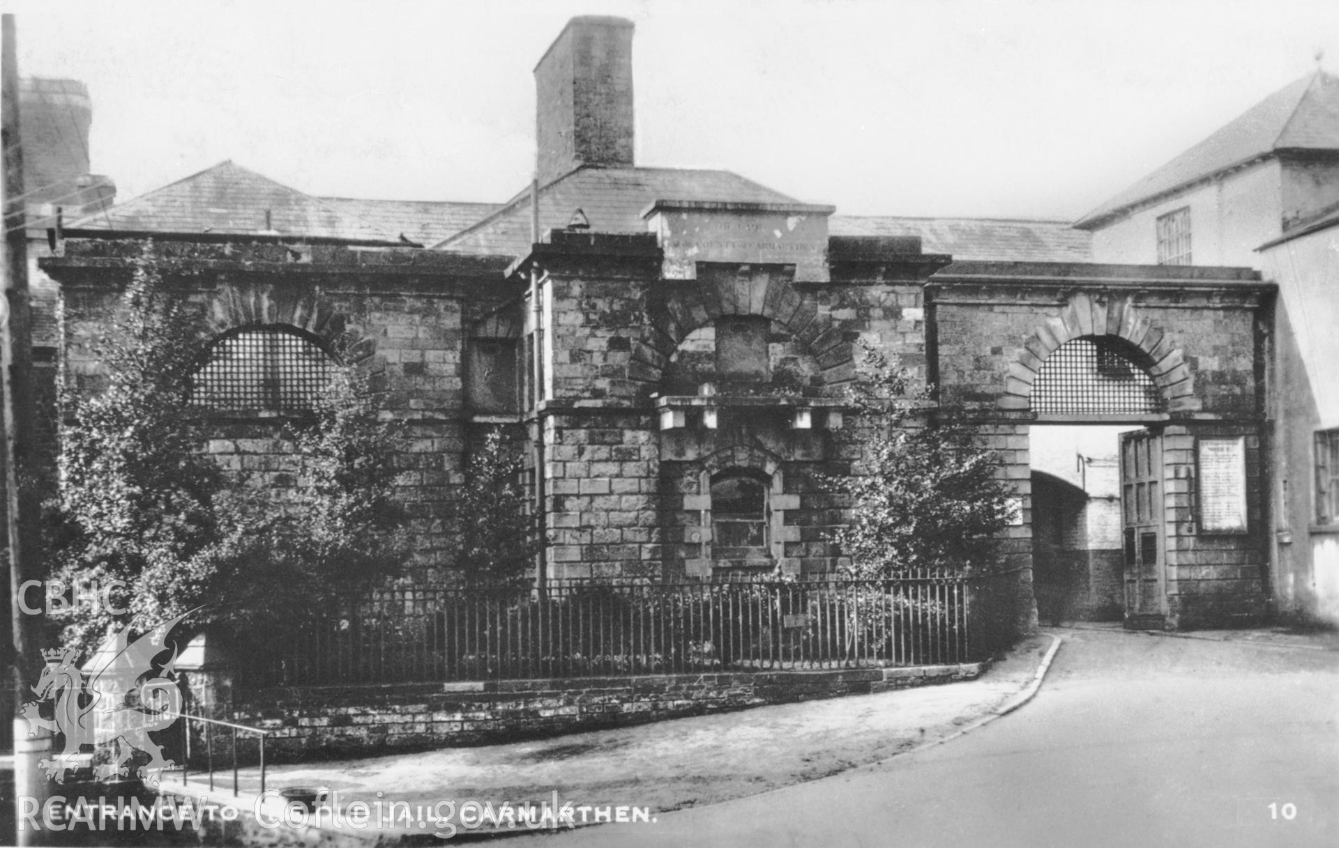 Black and white print of Carmarthen County Gaol, copied from an original postcard in the possession of Thomas Lloyd. Copy negative held.