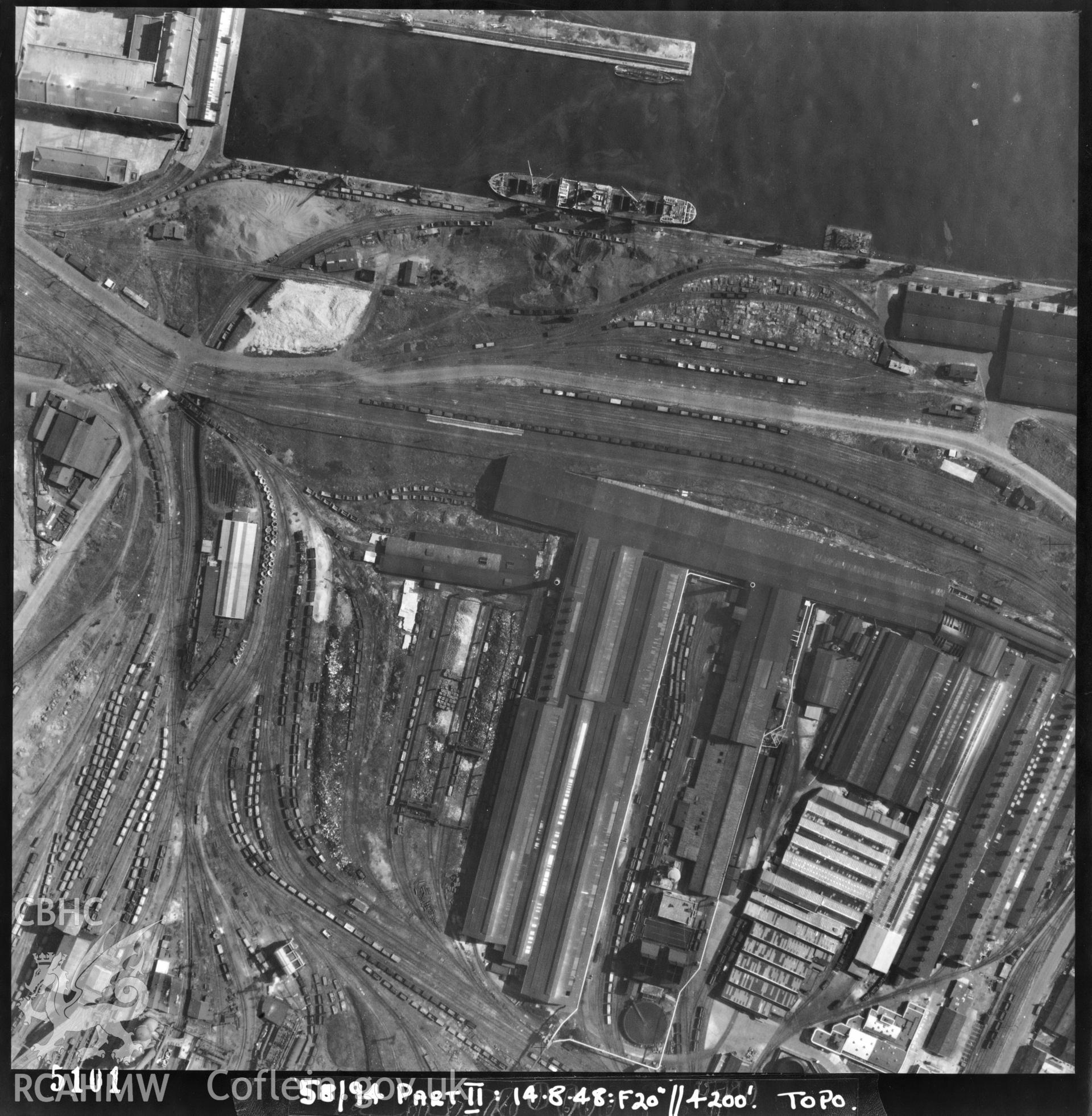 Black and white vertical aerial photograph taken by the RAF on 14/08/1948 showing Roath Dock area of Cardiff.
