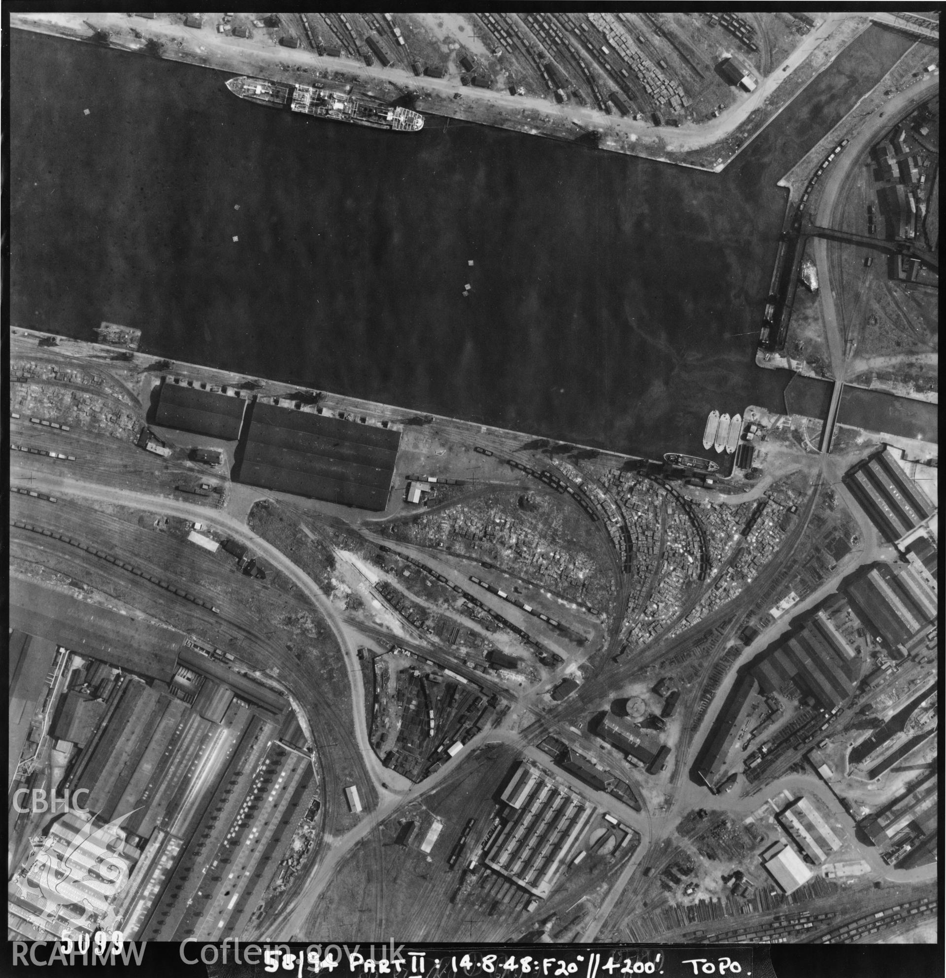 Black and white vertical aerial photograph taken by the RAF on 14/08/1948 showing Roath Dock area of Cardiff.