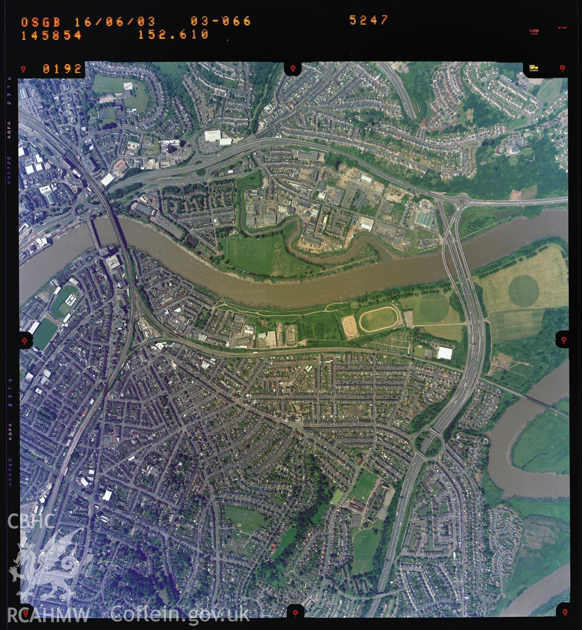 Digitized copy of a colour aerial photograph showing the Orchard Street area of Newport, taken by Ordnance Survey, 2003.