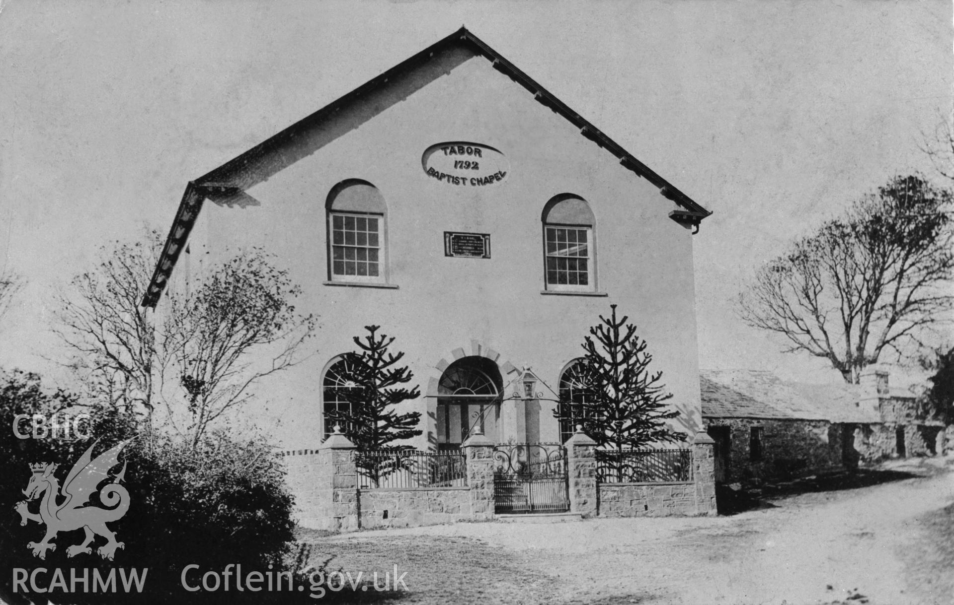 Black and white print of Tabor Baptist Chapel, copied from a postcard loaned by Thomas Lloyd. Negative held.