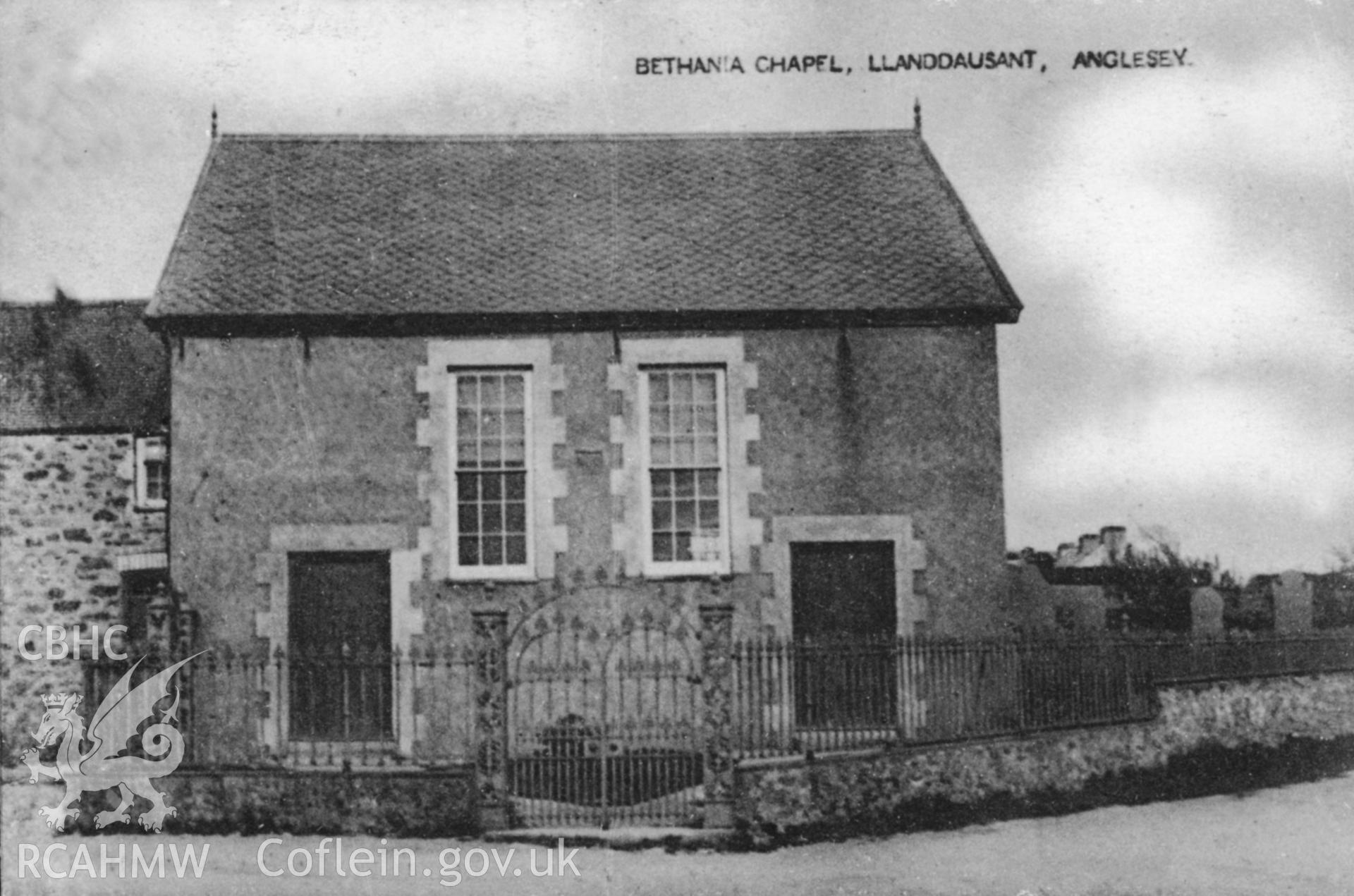Bethania Chapel, Llanddeusant; pre 1924 B&W postcard showing exterior of chapel.