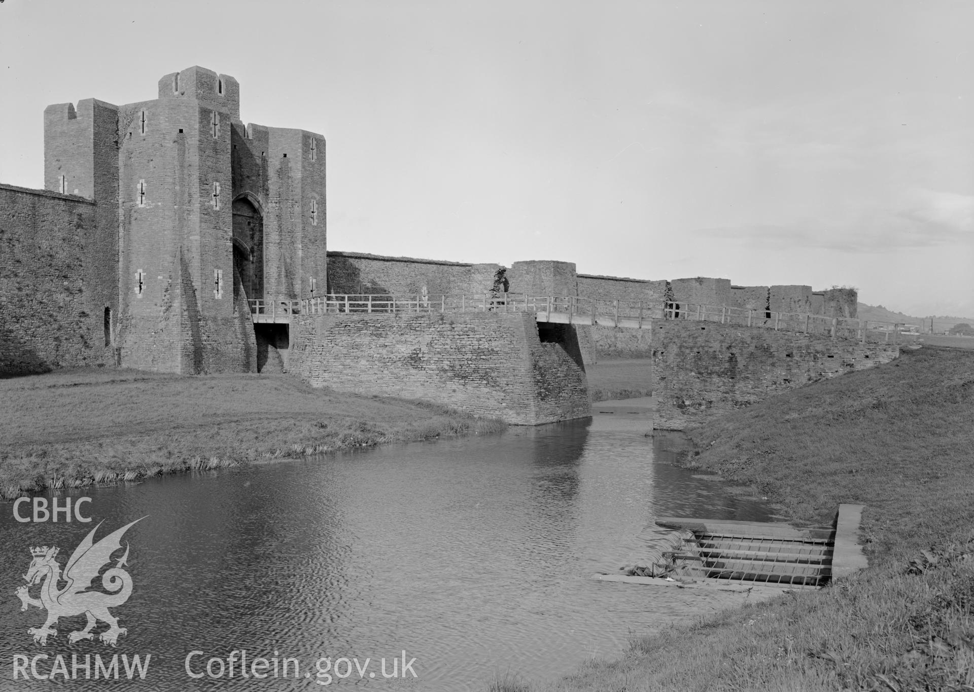 D.O.E photograph of Caerphilly Castle - east gate and bridge over outer moat from the south east.
