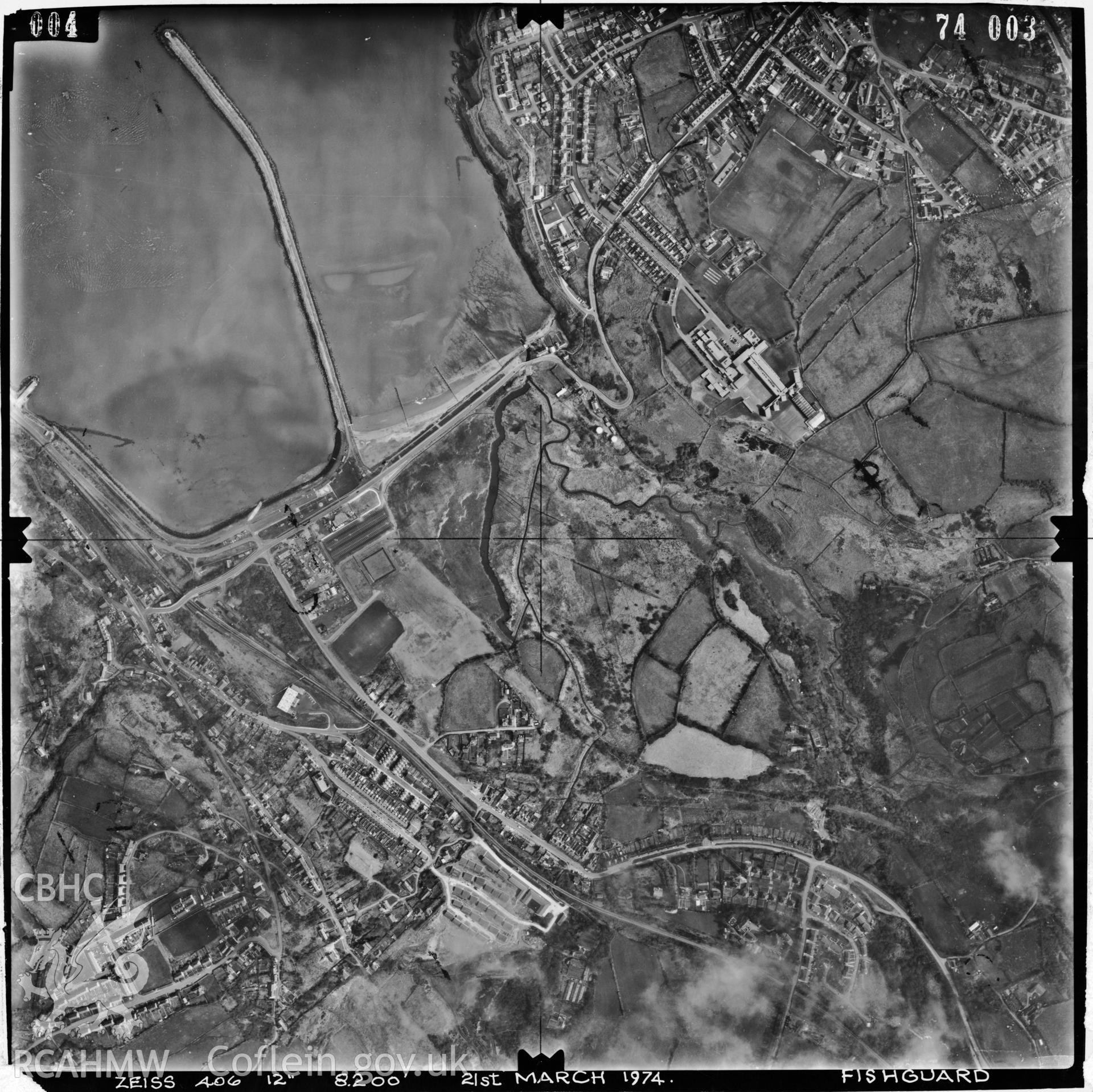 Digitized copy of an aerial photograph showing Fishguard, taken by Ordnance Survey, 1974.