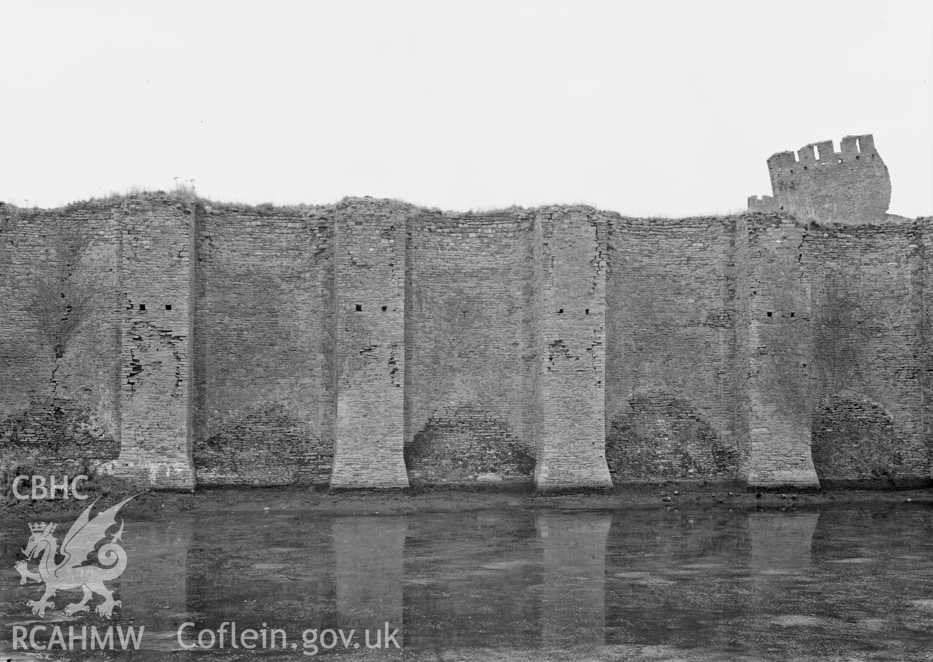 D.O.E photograph of Caerphilly Castle - south platform, middle section of east wall from east.