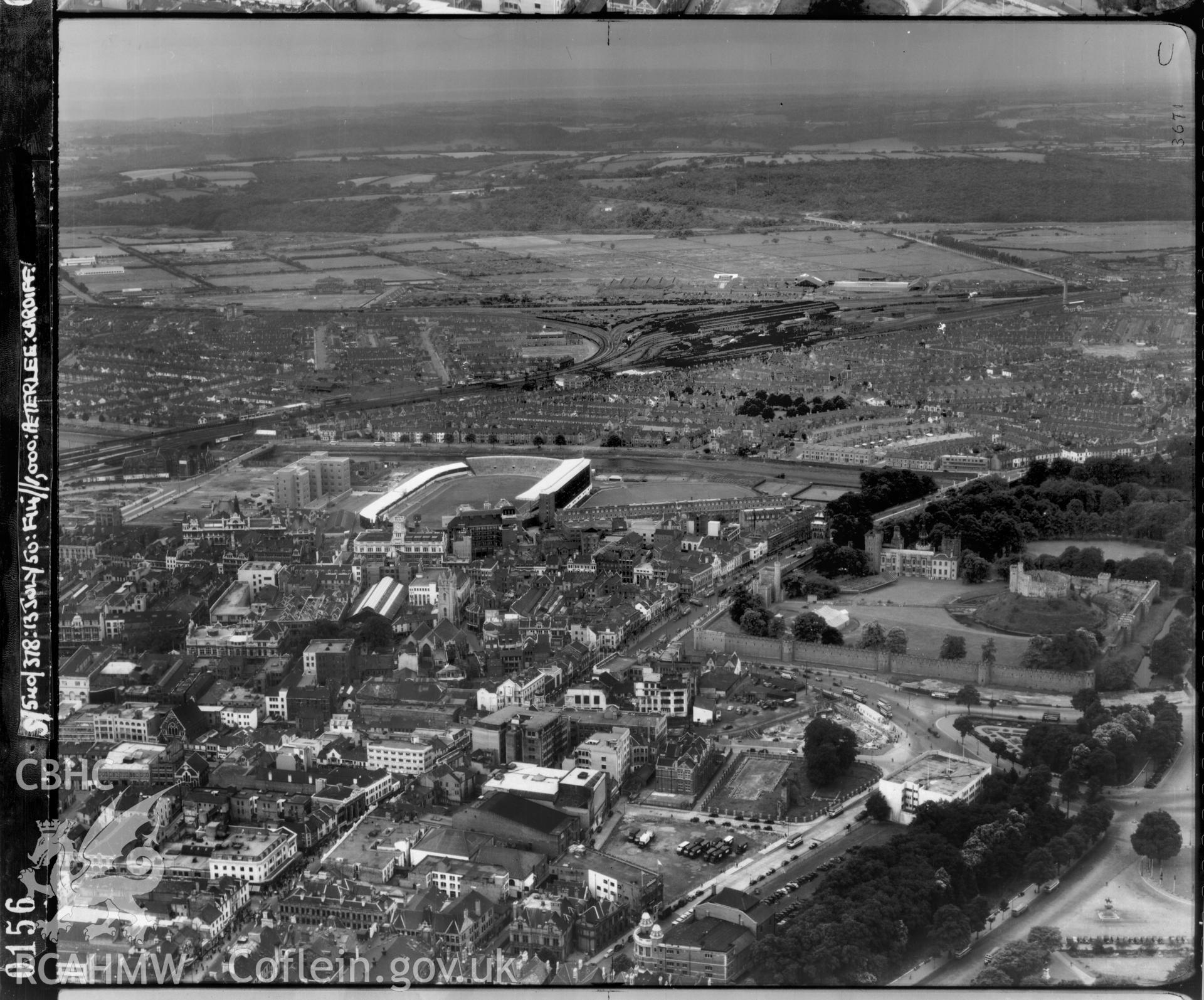 Black and white low level oblique aerial photograph taken by the RAF 1950 centred on Cardiff Arms Park.