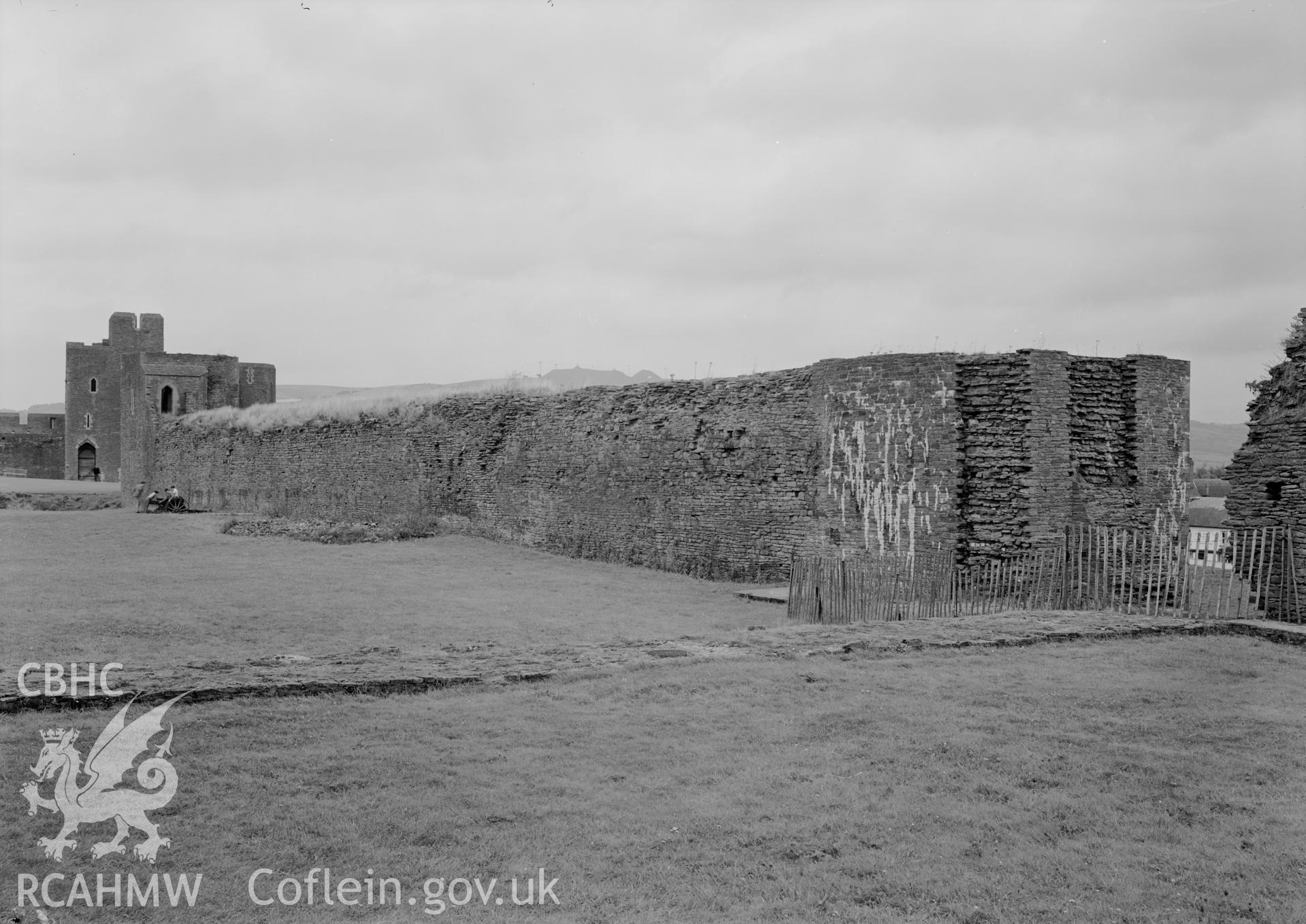 D.O.E photograph of Caerphilly Castle - south platform and east wall from south west.