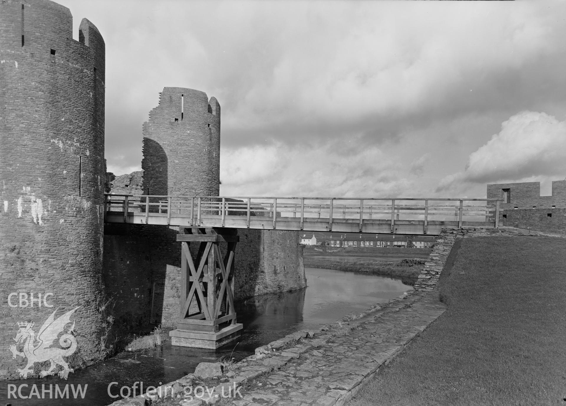 D.O.E photograph of Caerphilly Castle - east bridge over inner moat, from the south.