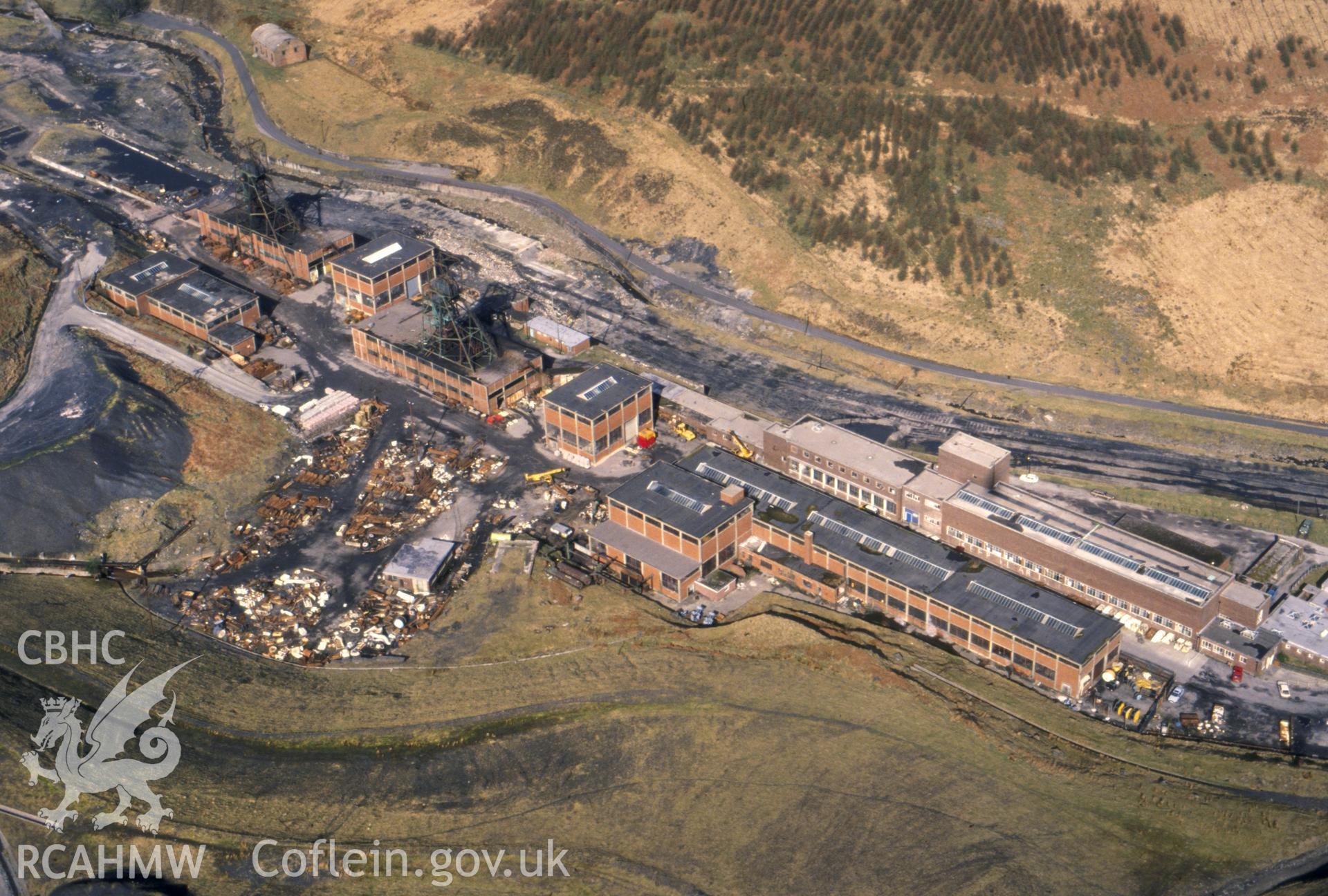 Slide of RCAHMW colour oblique aerial photograph of Maerdy Colliery, taken by C.R. Musson, 26/3/1990.
