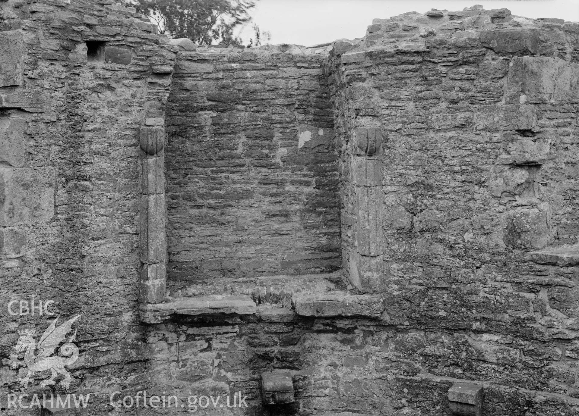 D.O.E photographs of Bronllys Castle Tower - interior fireplace, top floor.