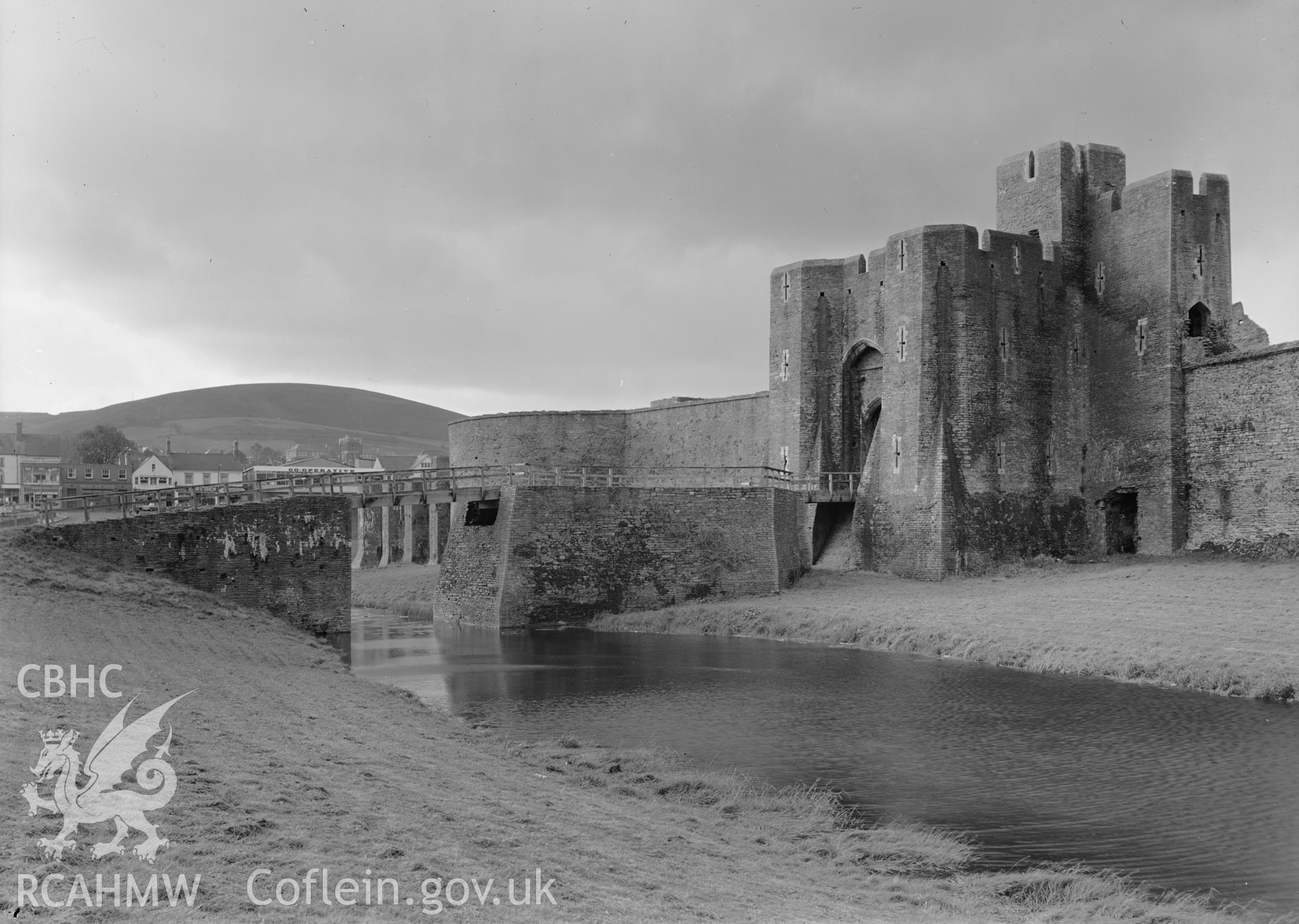 D.O.E photograph of Caerphilly Castle - outer east gate over outer moat, from the north east.