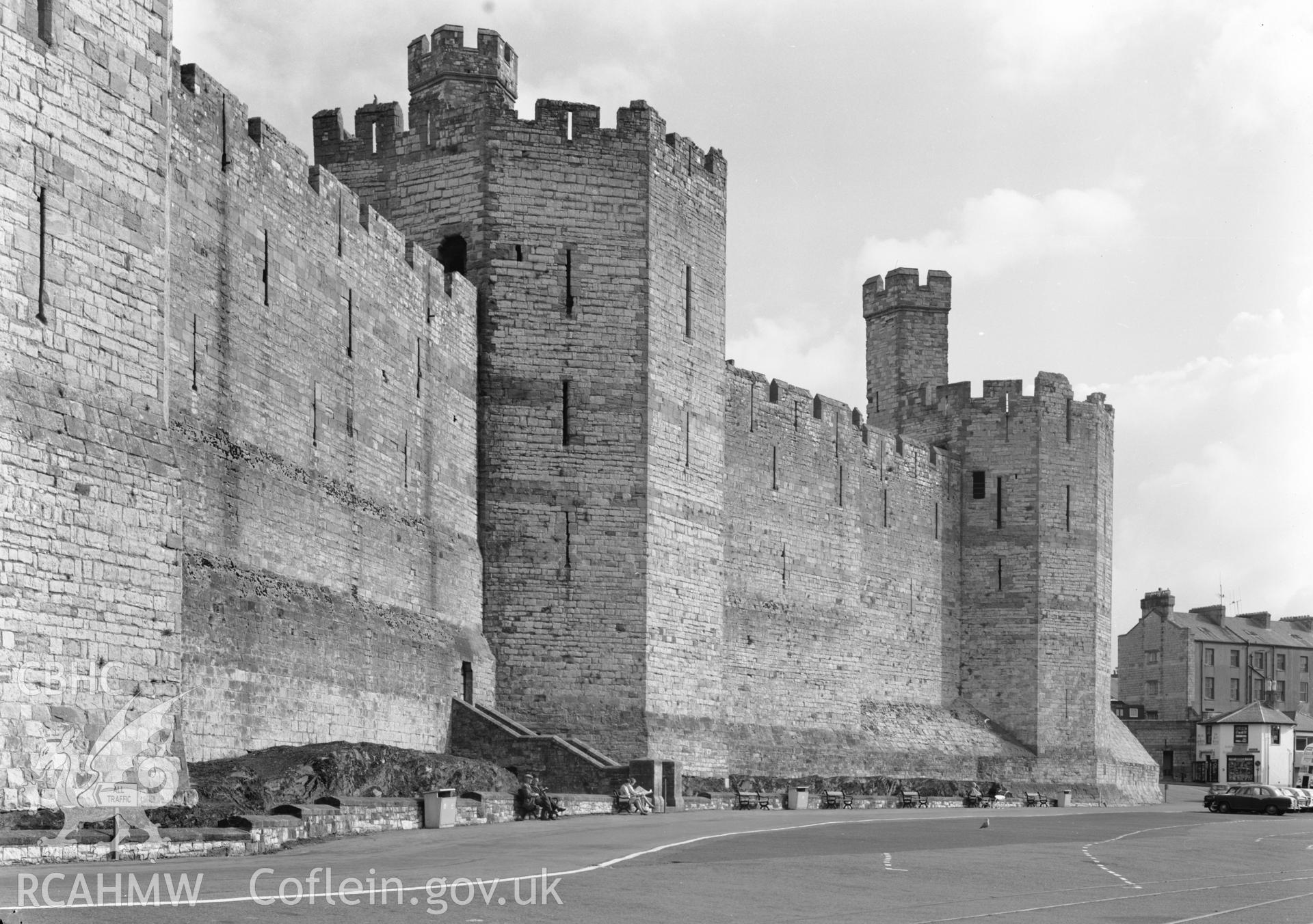 D.O.E photograph of Caernarfon Castle - Queens, Chamberlain and Black towers from the west.