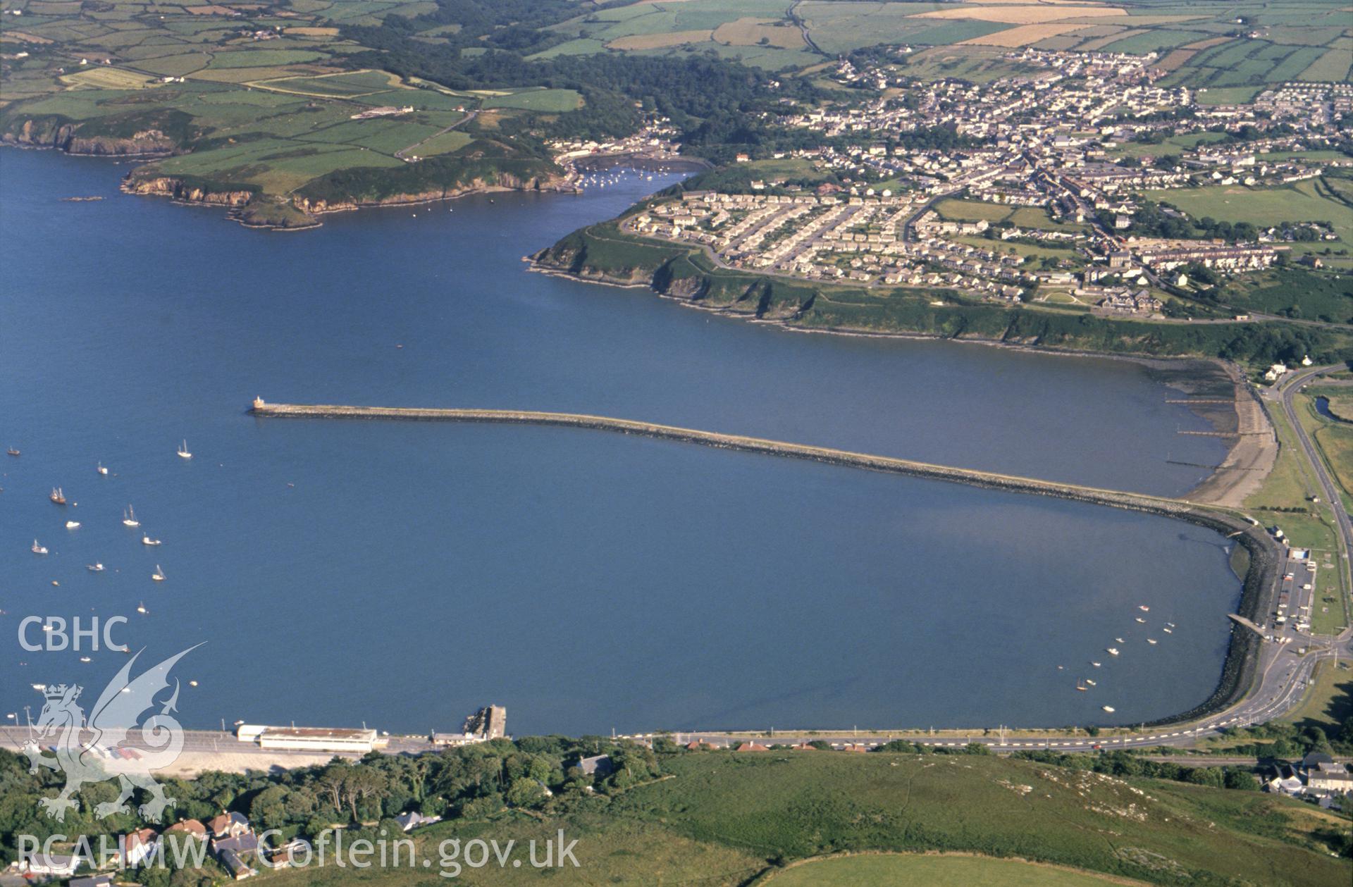 Slide of RCAHMW colour oblique aerial photograph of Fishguard, taken by C.R. Musson, 1990.