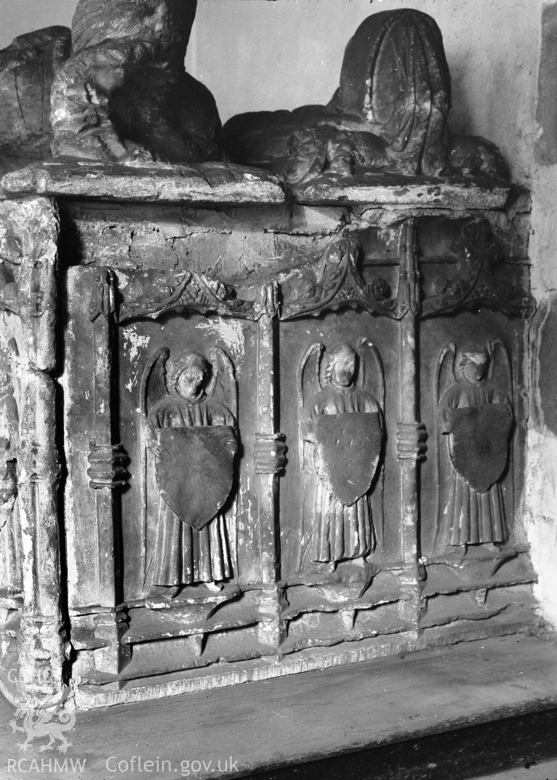Digitised copy of a black and white negative showing memorial at St Tegai's Church, Llandegai, produced by RCAHMW before 1960