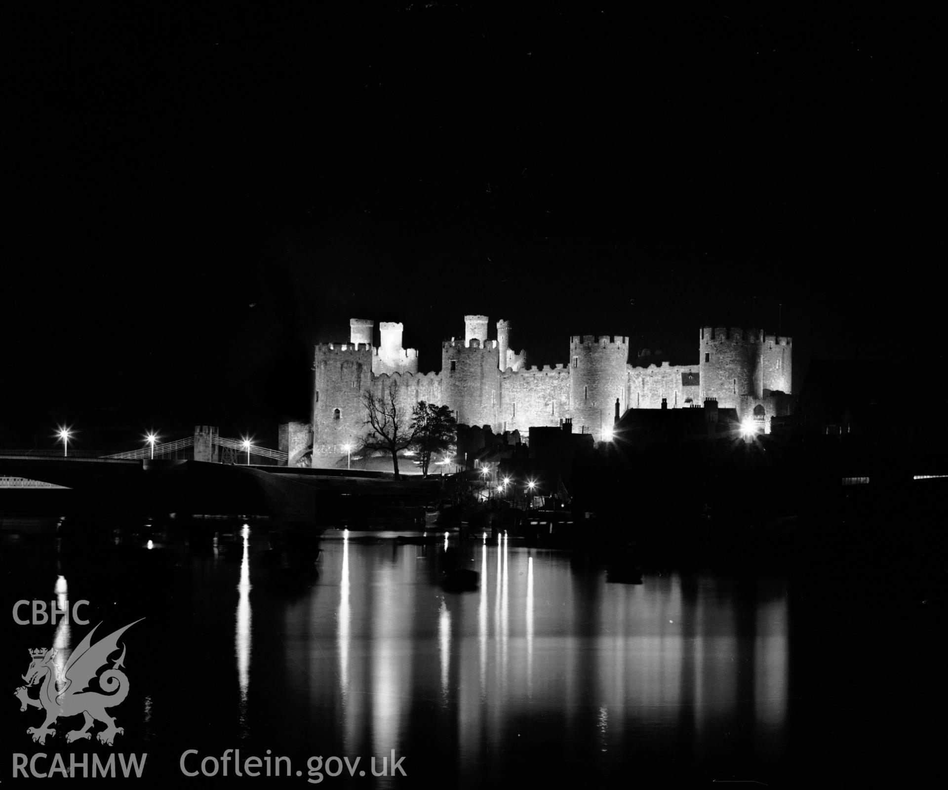D.O.E photograph of Conwy Castle - floodlit distant view from noth west.