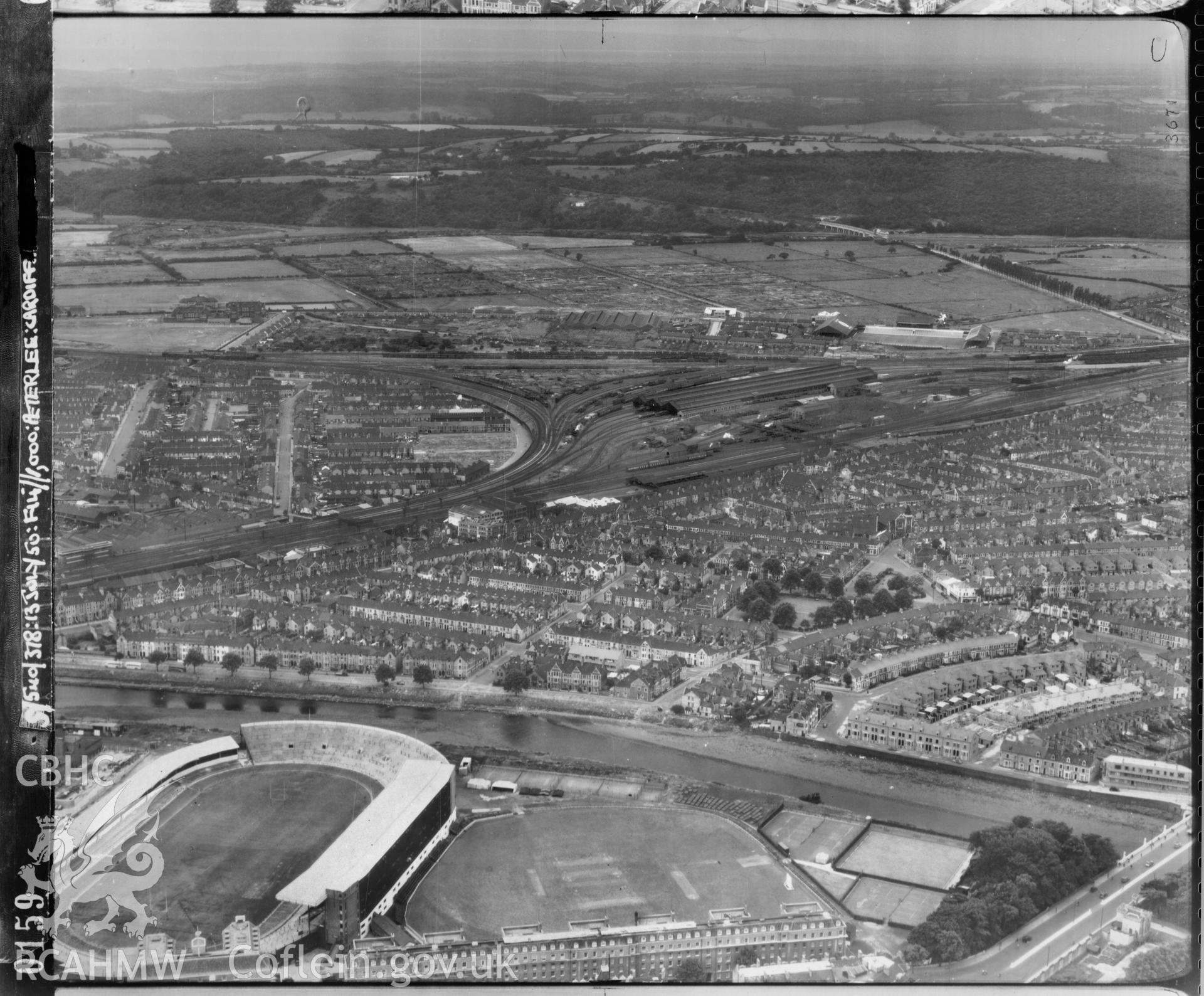 Black and white low level oblique aerial photograph taken by the RAF 1950 centred on Cardiff Arms Park.