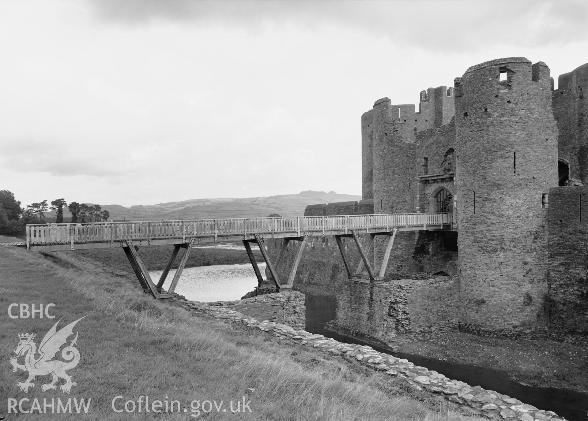 D.O.E photograph of Caerphilly Castle - west gate and bridge from the south.
