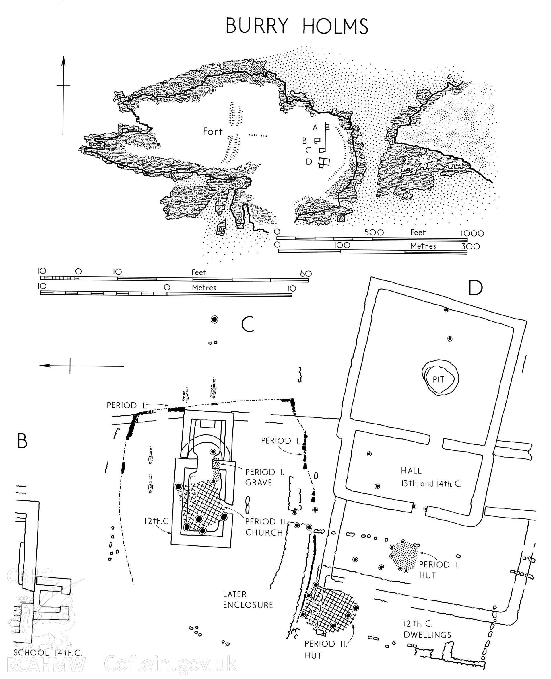 RCAHMW drawing showing plan of Burry Holms Monastic Site, Llangennith, published in Glamorgan I, iii, fig 5.