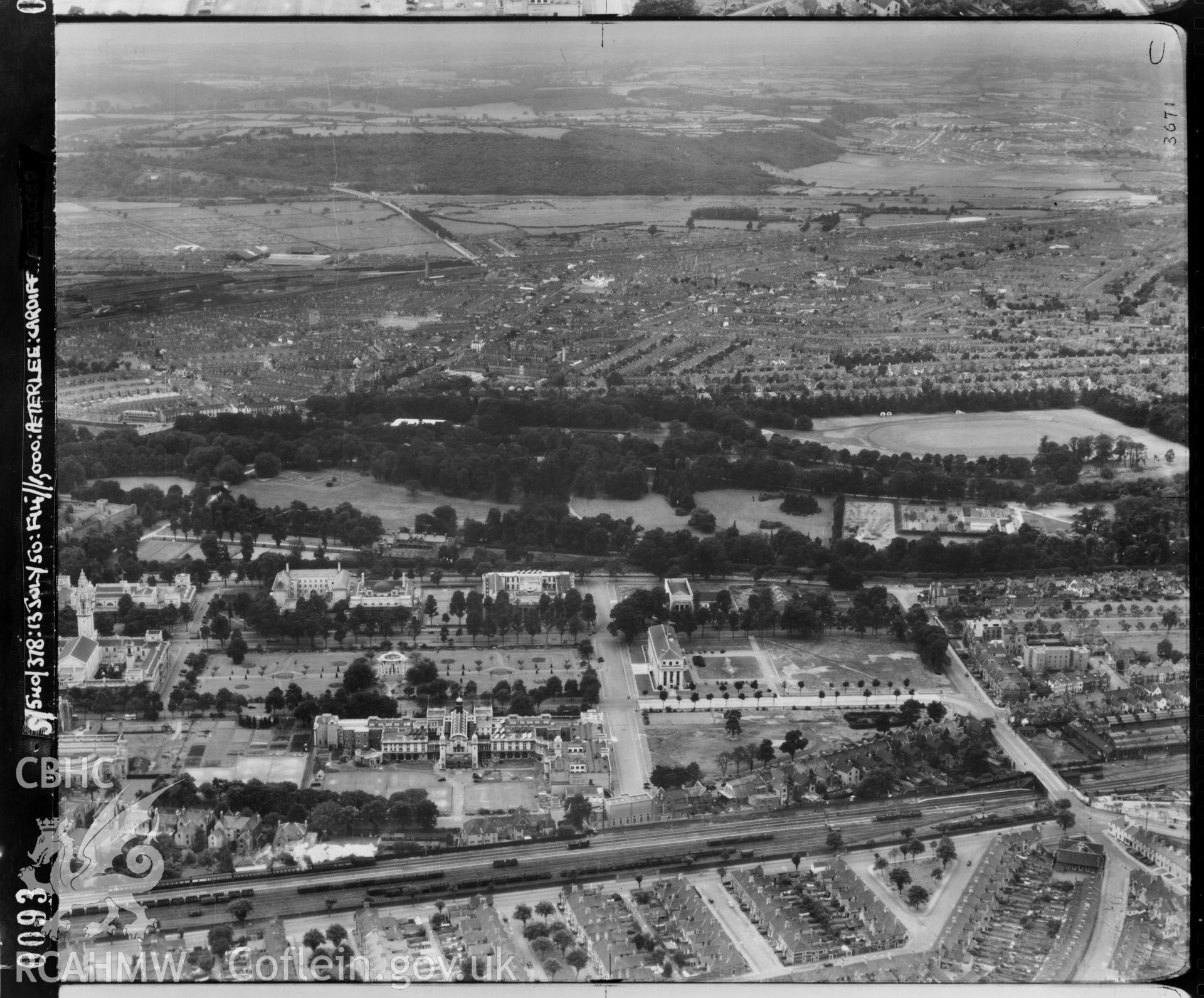 Black and white low level oblique aerial photograph taken by the RAF 1950 centred on Pontcanna Fields and Cathays Park, Cardiff