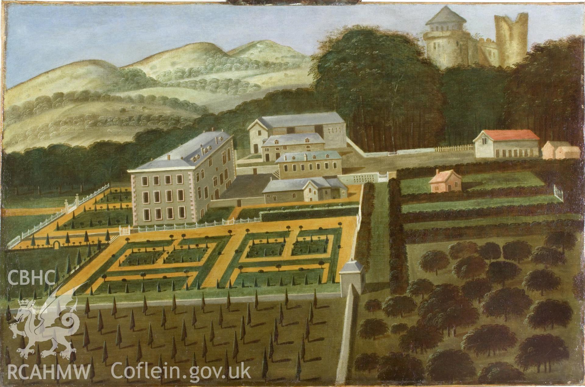 c17th painting of Newton House and castle, bird's eye view from north.