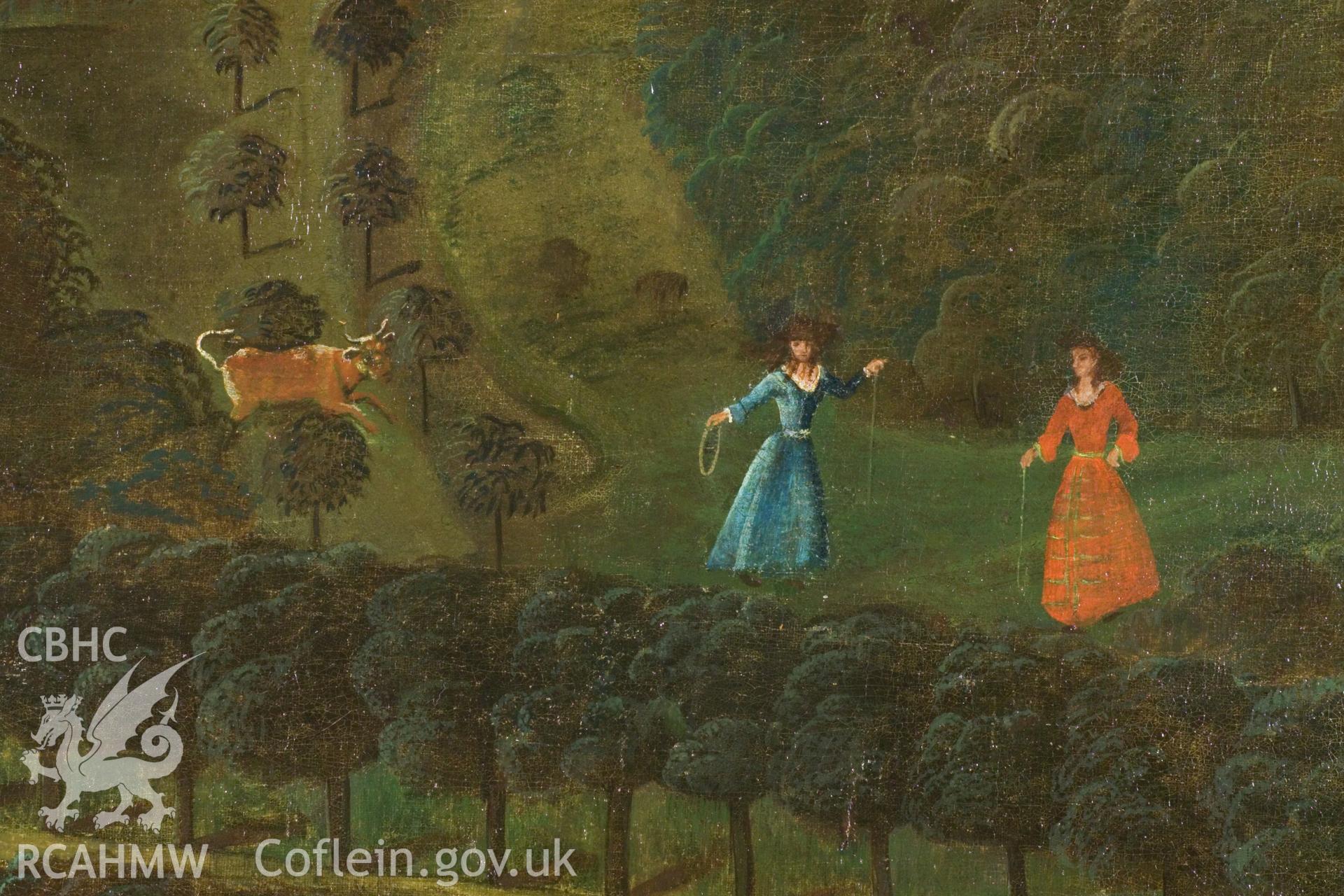 Detail of figures, two girls and bull/cow.
