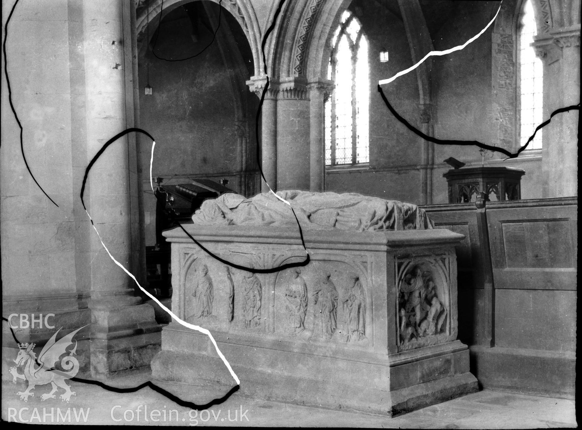 Black and white photo showing memorial tomb in St Davids Cathedral.