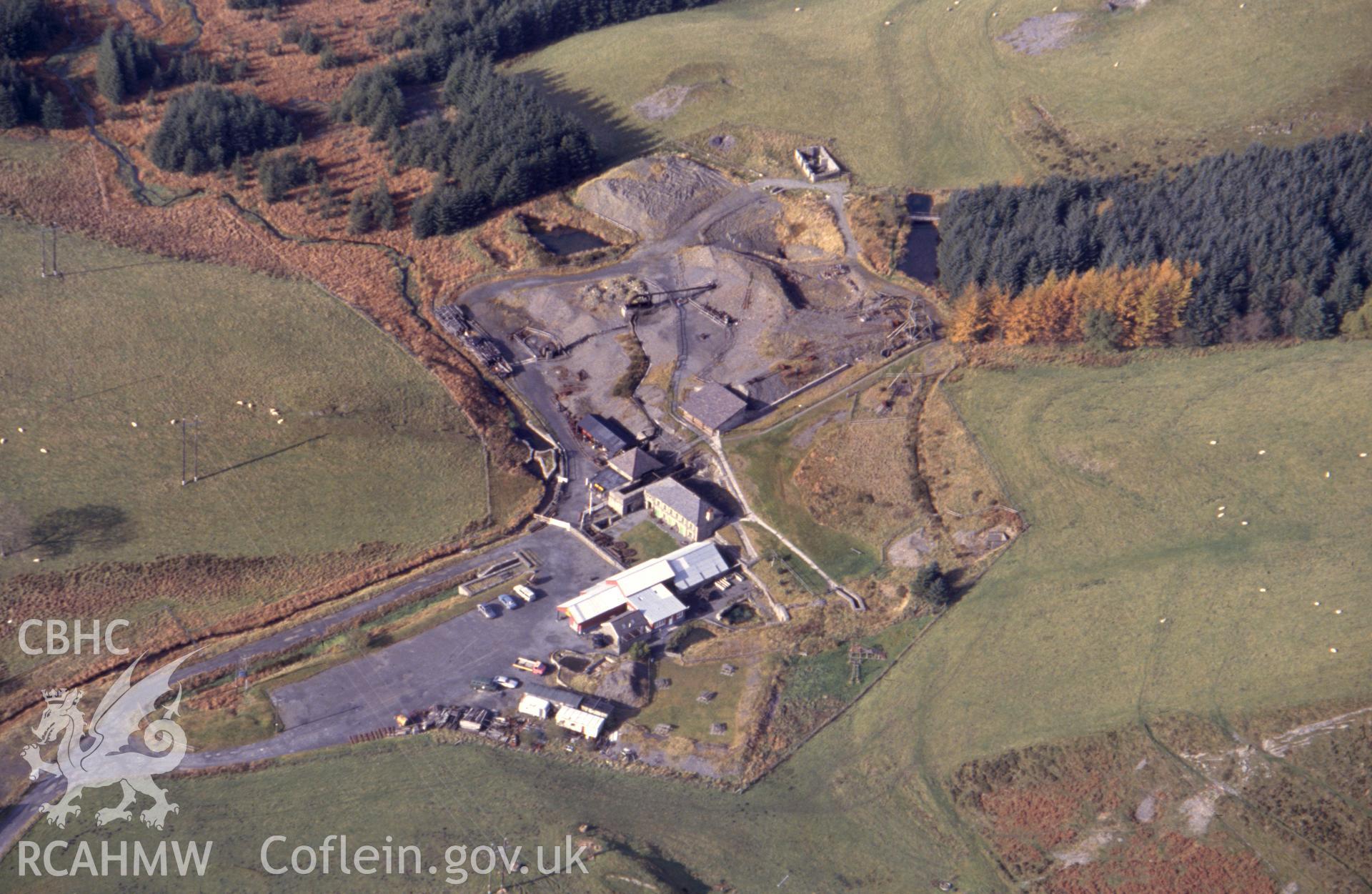 Slide of RCAHMW colour oblique aerial photograph of Poole's Llywernog Mine/llywernog Silver Lead Mining Museum, Ponterwyd, taken by C.R. Musson, 30/10/1992.