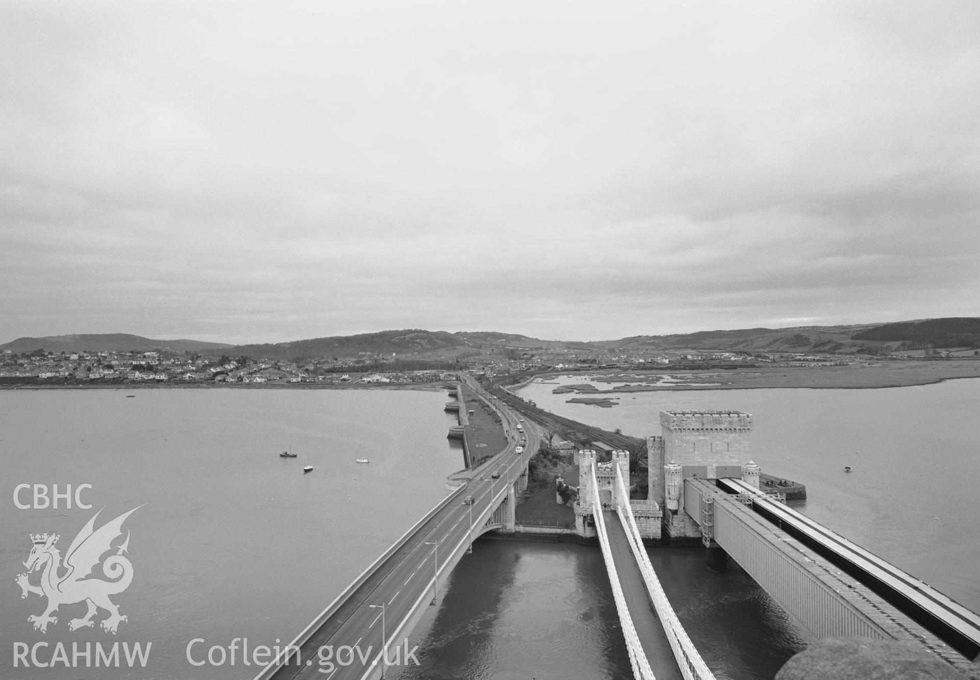 Photographic negative showing view of bridges at Conwy; collated by the former Central Office of Information.