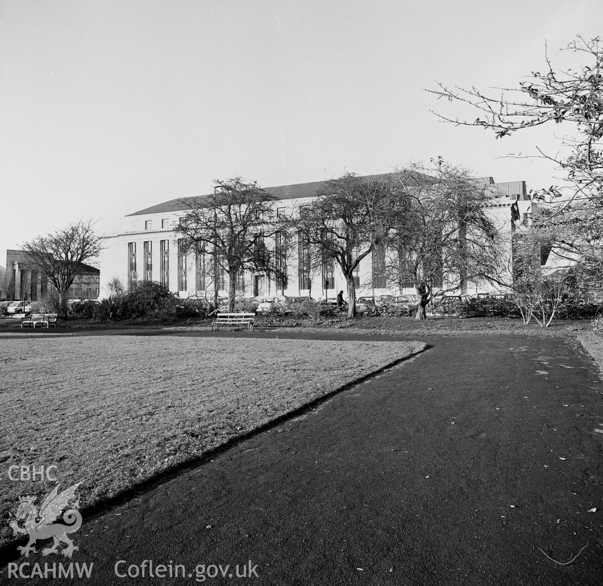 Photographic negative showing view of the Welsh Office building, Cathays Park, Cardiff; collated by the former Central Office of Information.