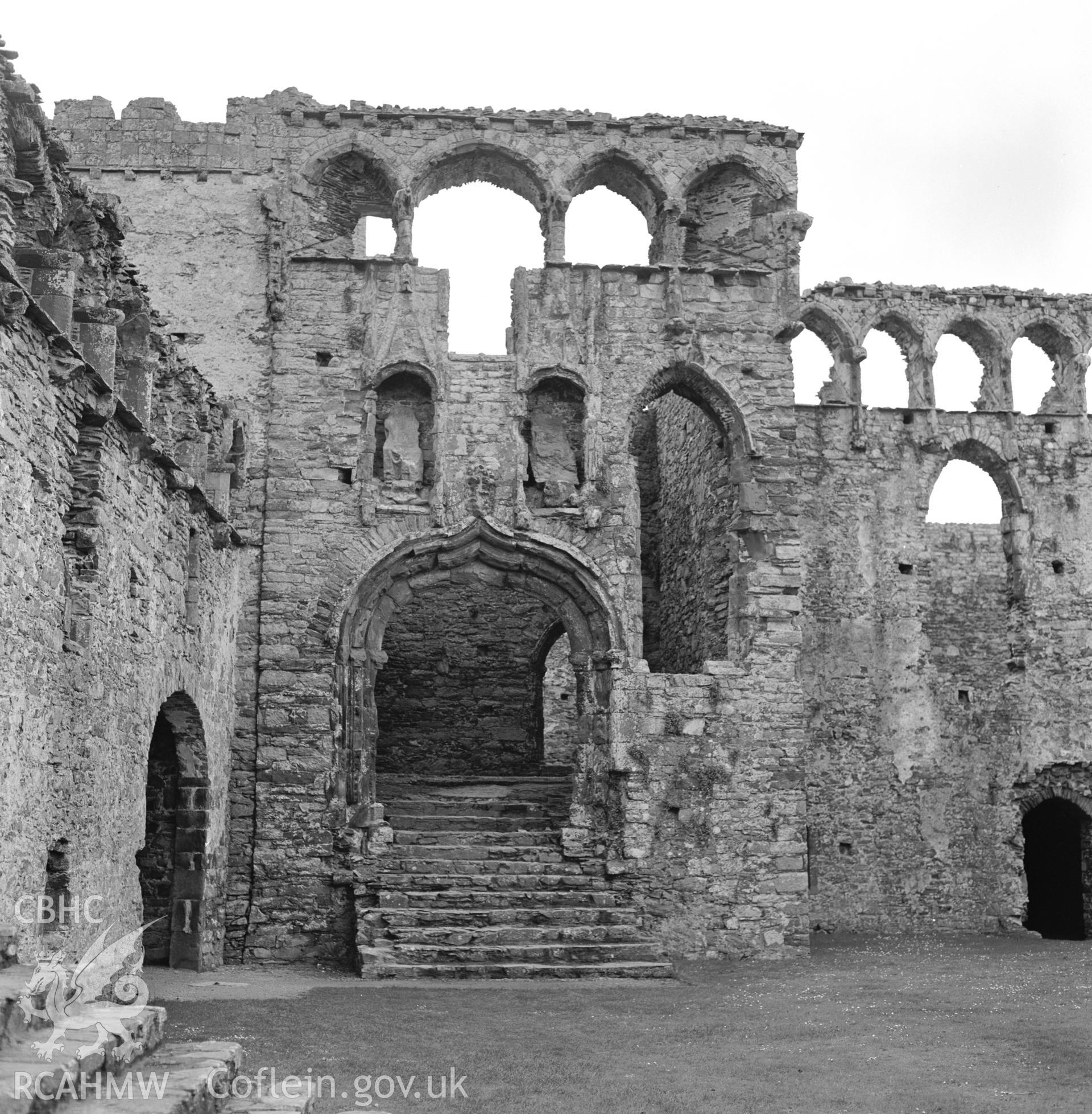 1 b/w print showing view of Bishop's Palace ruins, St David's; collated by the former Central Office of Information.