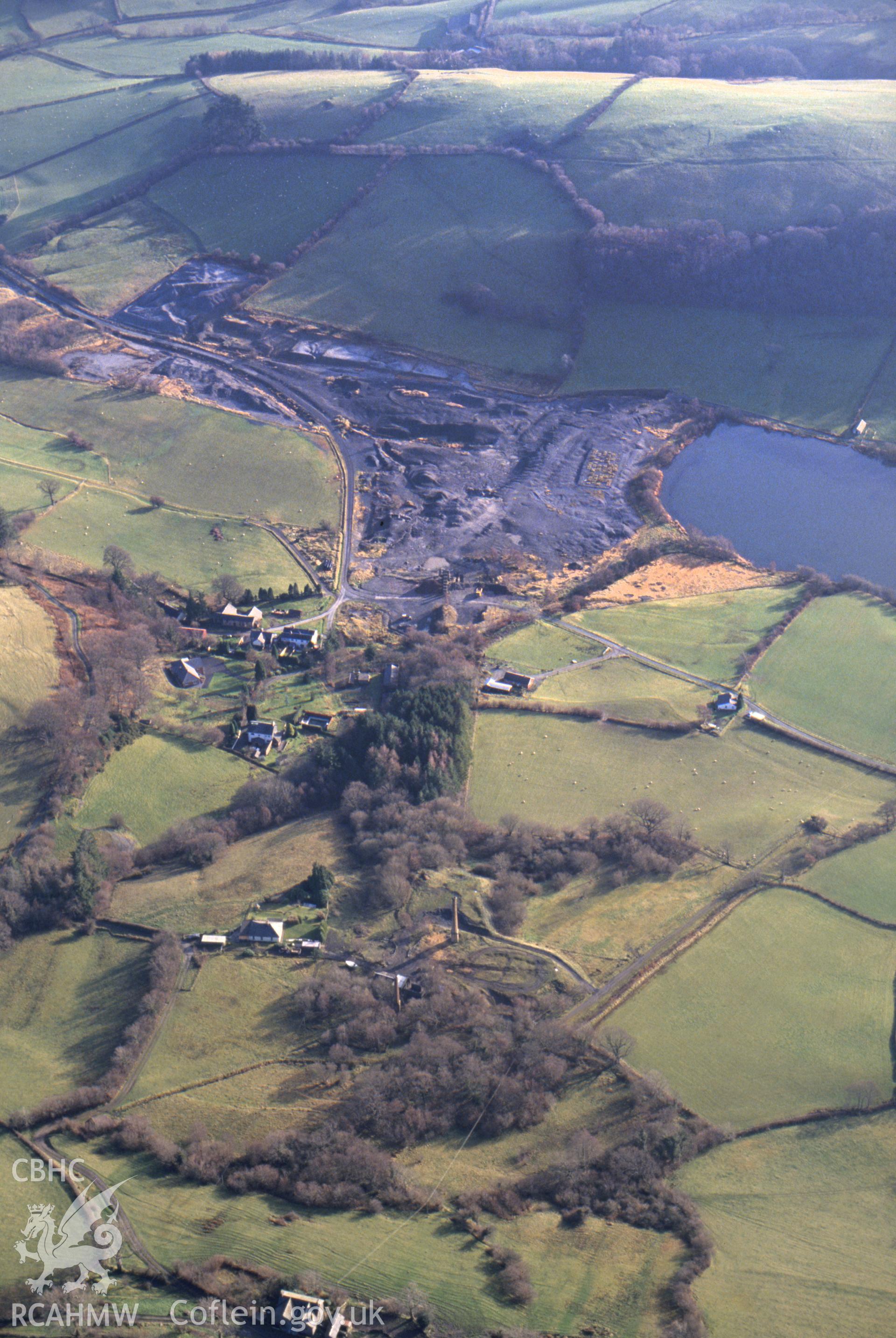 RCAHMW colour slide oblique aerial photograph of Llyn-y-fan, Llanidloes, taken on 08/12/1992 by CR Musson