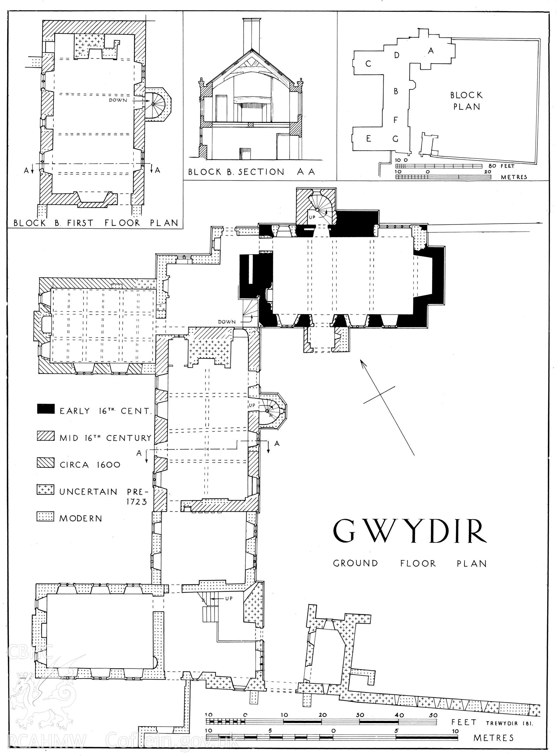 RCAHMW drawing (ink on film) showing plan & section of Gwydir, Trewydir, as published in Caerns Inventory vol I, fig 181.