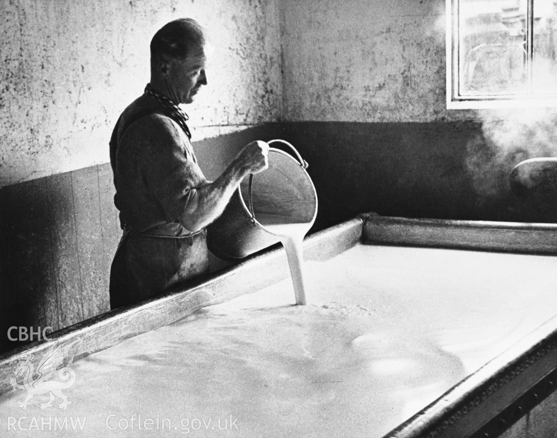 Copy of a pre-1950 photo showing addition of starter culture to pasteurised milk.