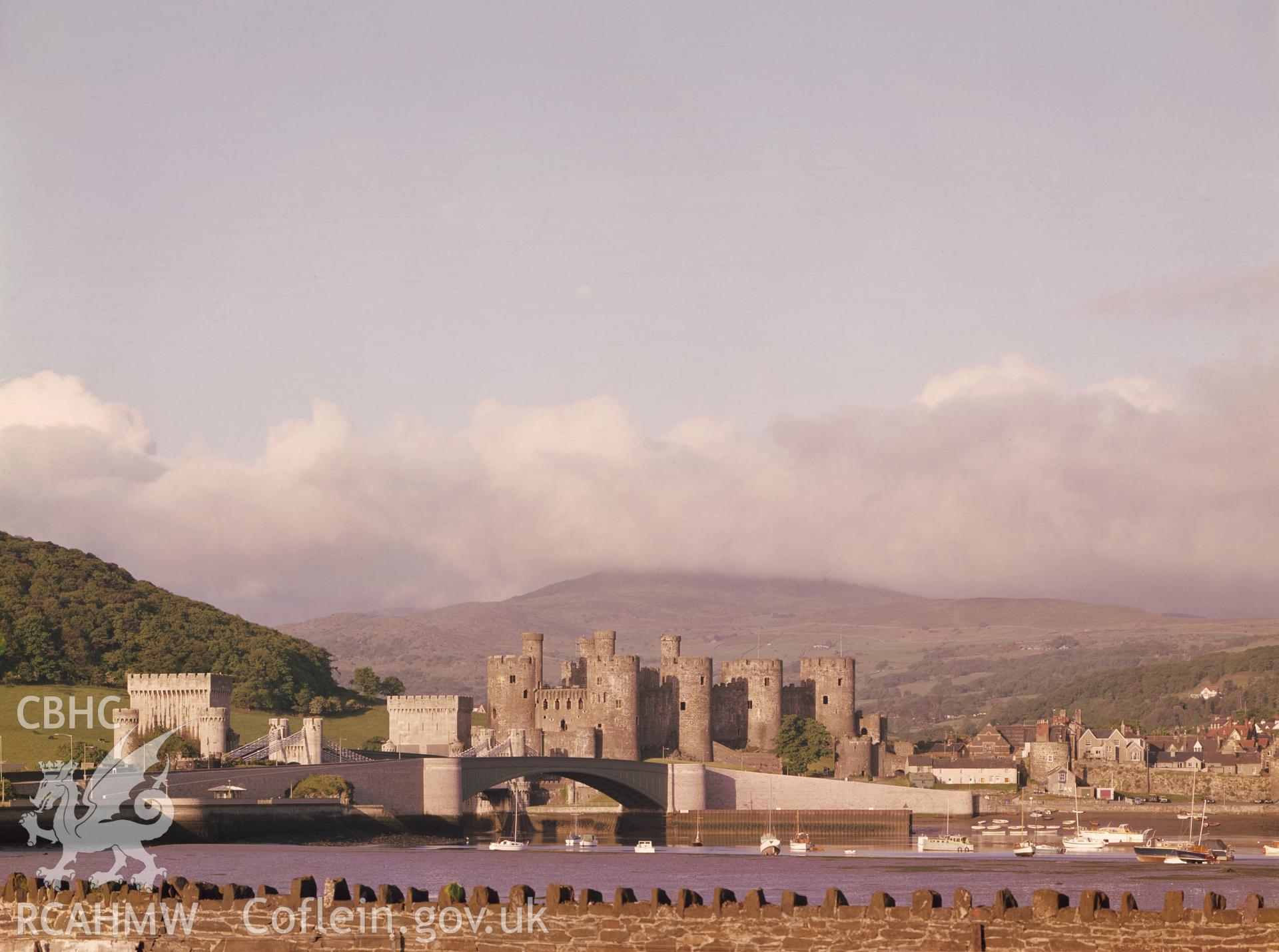 1 colour transparency showing view of Conwy castle, undated; collated by the former Central Office of Information.