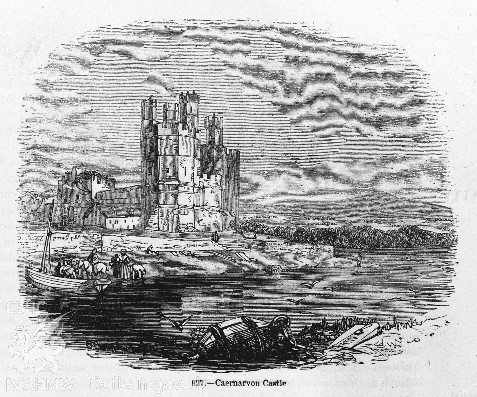 1 b/w print of engraving showing aspect of Caernarfon castle, taken from publication: 'Old England' p.208, fig. 827; collated by the former Central Office of Information.