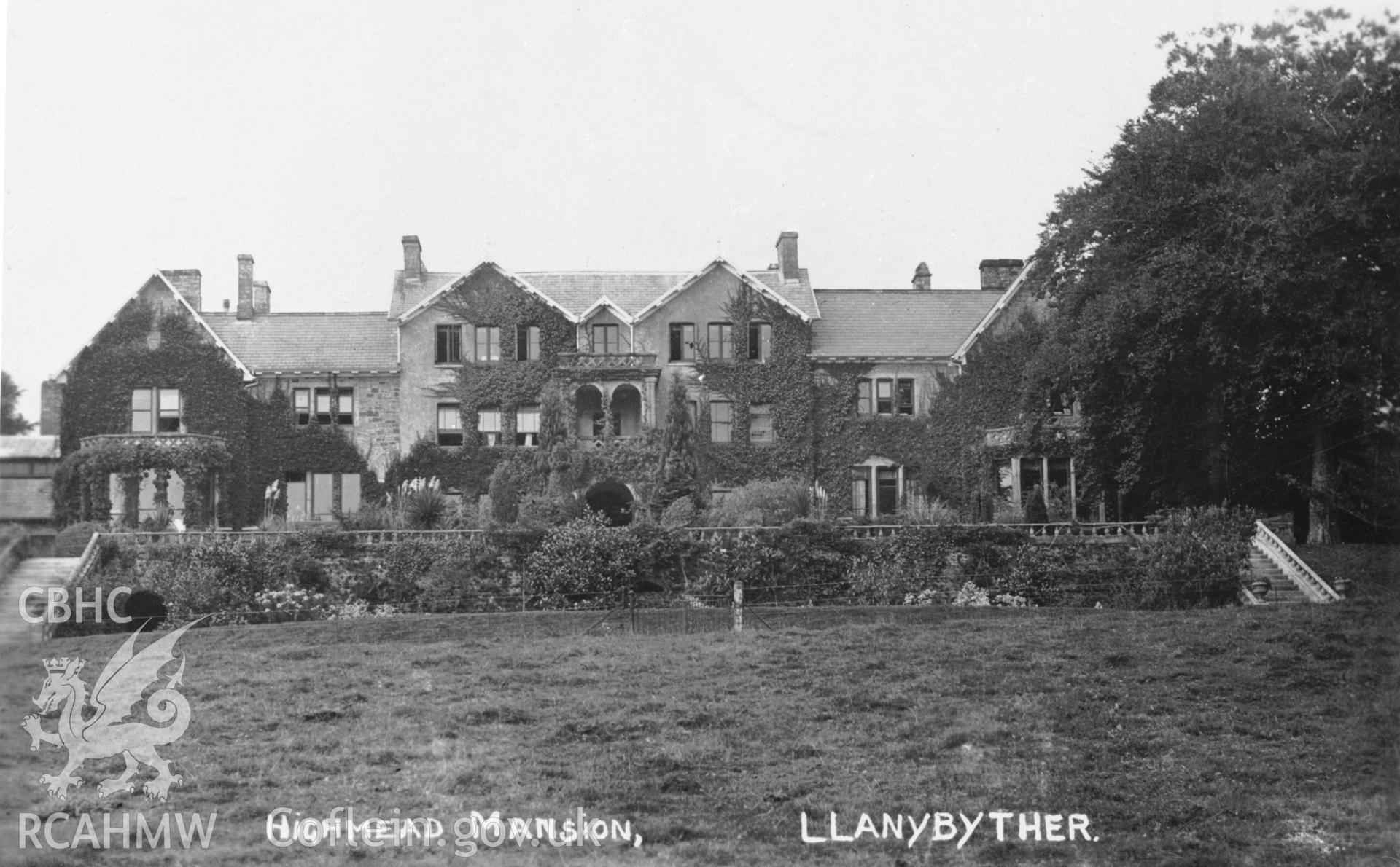 Black and white print of Highmead, Llanybyther, copied from an original in the possession of Thomas Lloyd. Copy negative held.