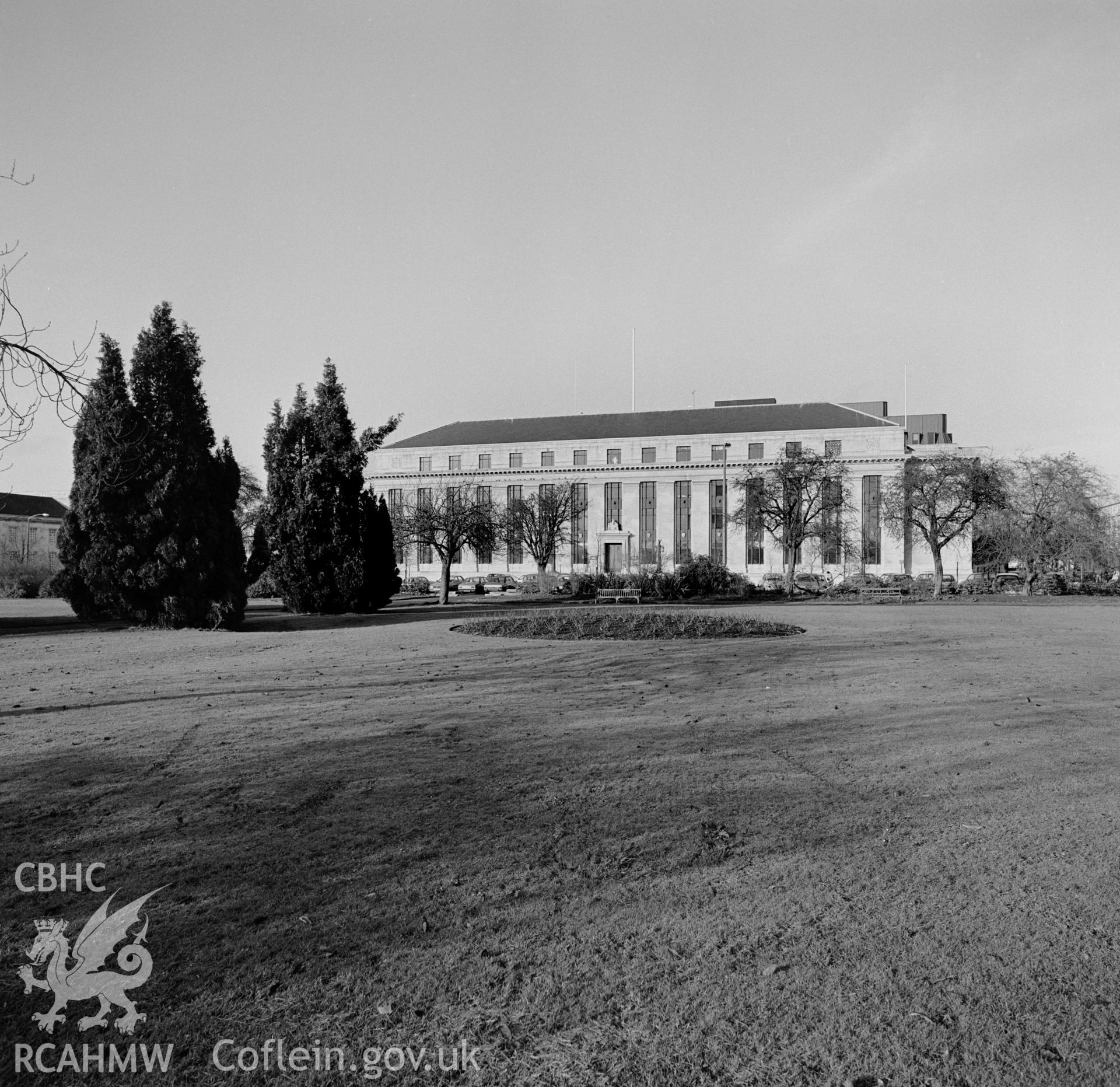 Photographic negative showing view of the Welsh Office building, Cathays Park, Cardiff; collated by the former Central Office of Information.