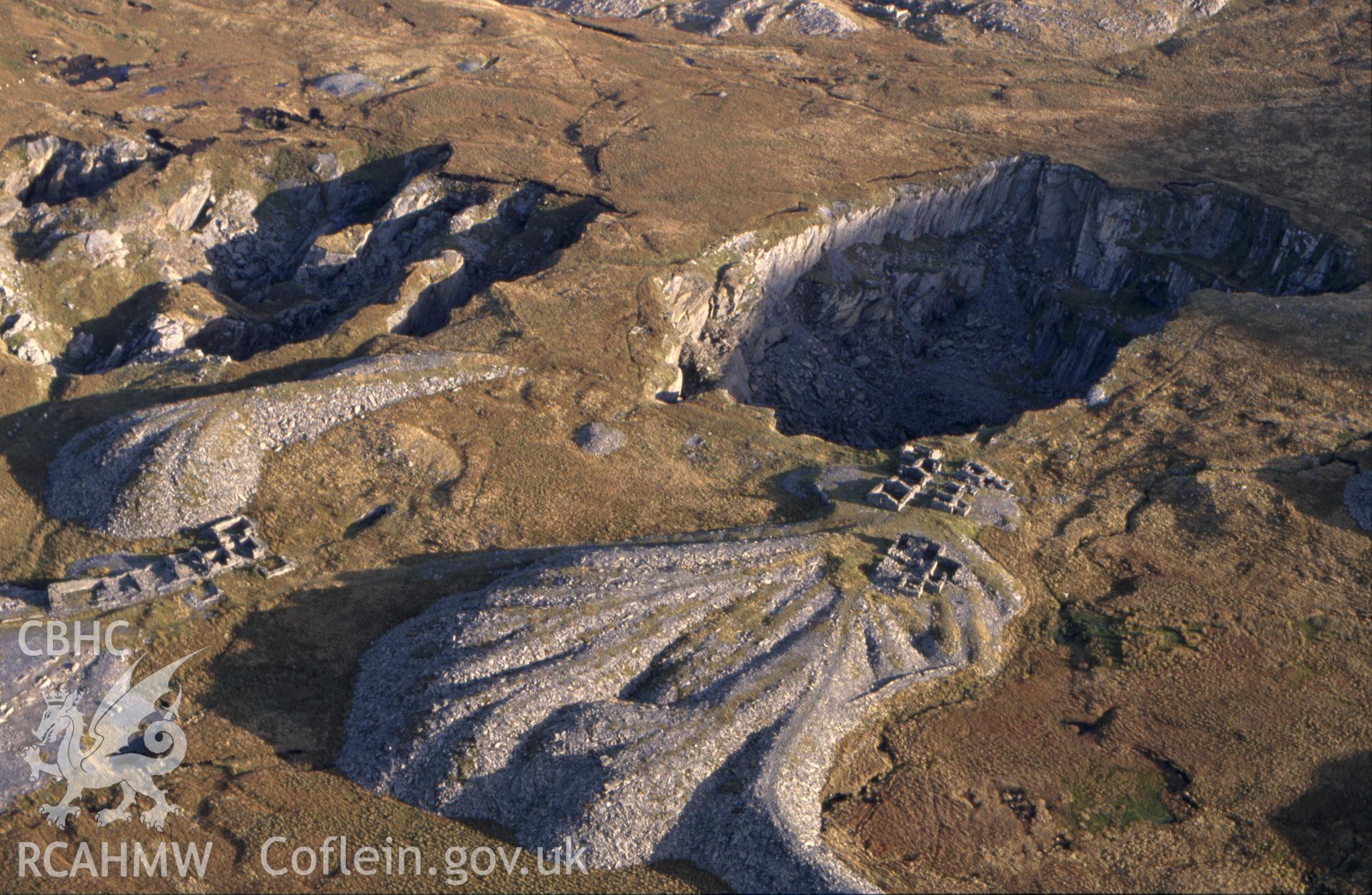 Slide of RCAHMW colour oblique aerial photograph of Rhosydd Slate Quarry, taken by C.R. Musson, 9/10/1994.