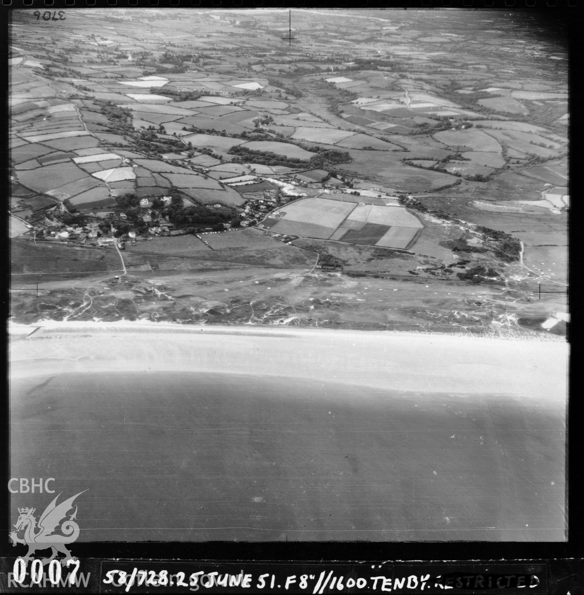 Black and white vertical aerial photograph taken by the RAF on 03/06/1951 showing the Tenby area.