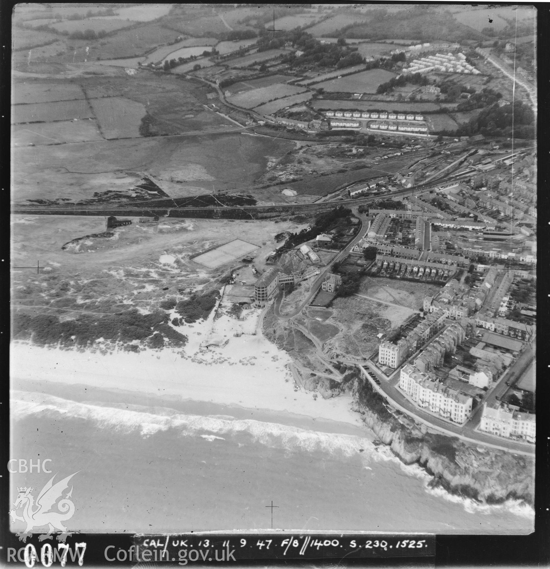Black and white oblique aerial photograph, taken by the RAF, showing the Tenby area.