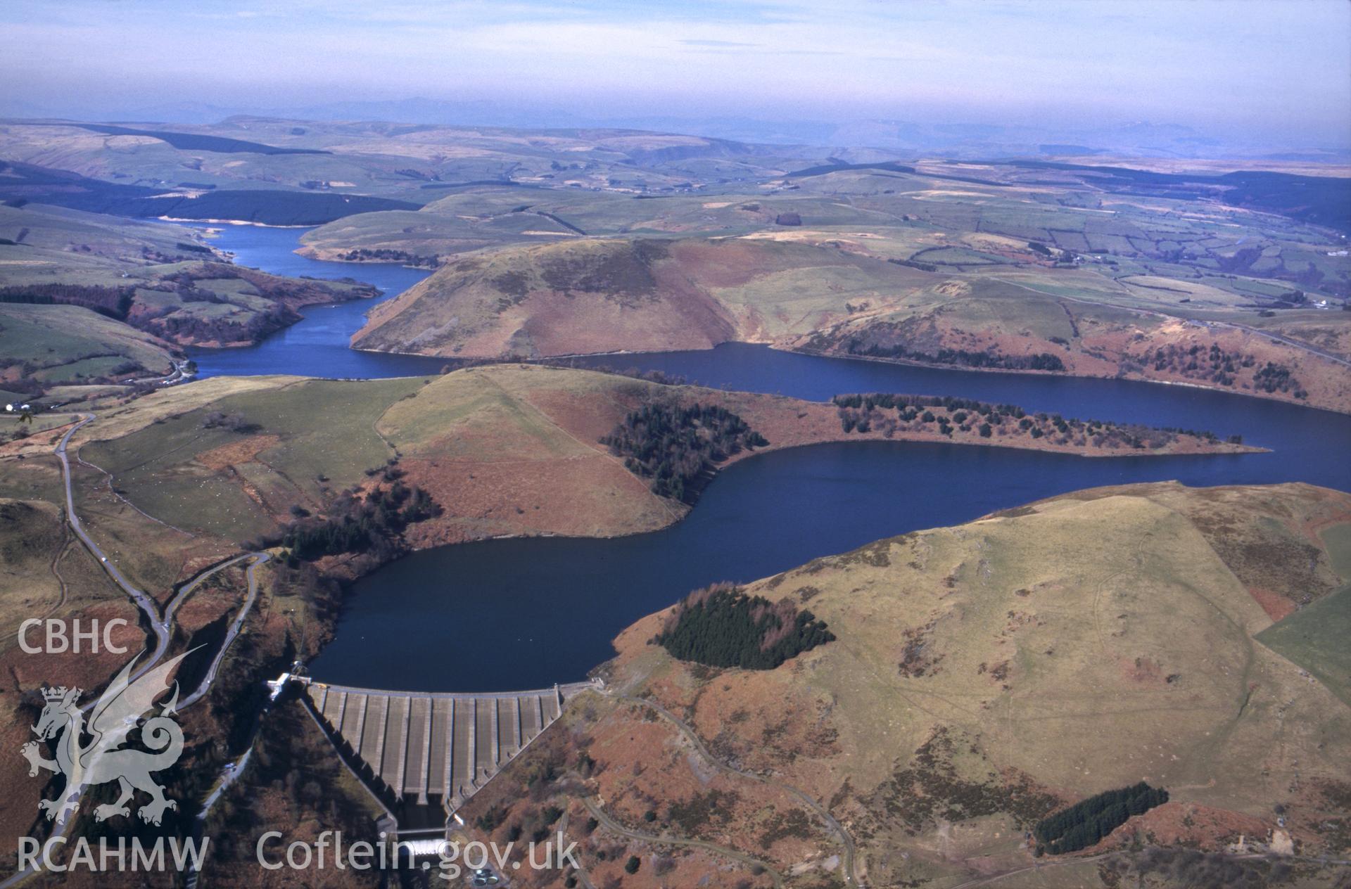 Slide of RCAHMW colour oblique aerial photograph of Clywedog Dam, taken by C.R. Musson, 23/3/1995.