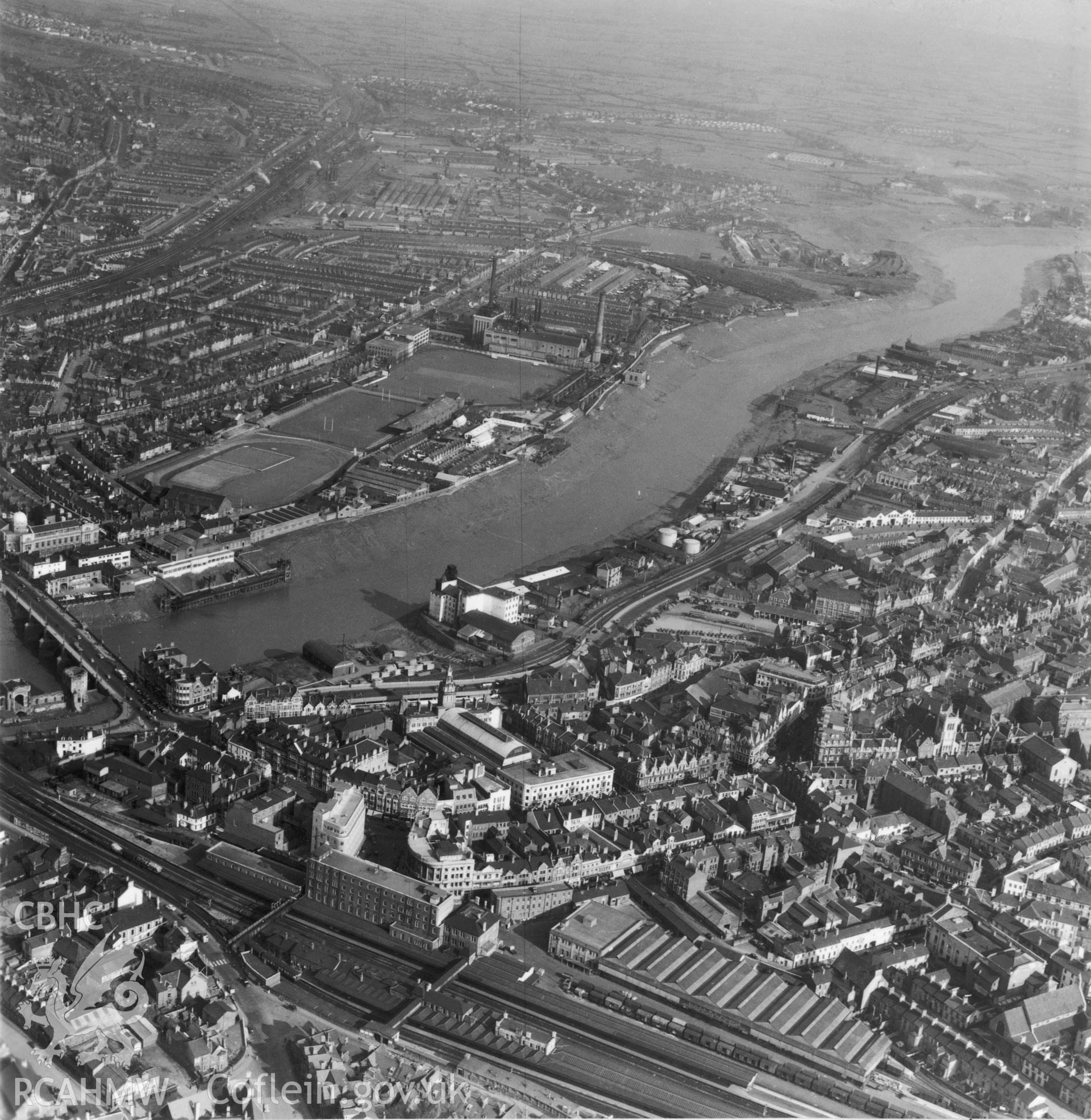 Black and white oblique aerial photograph  showing of Newport in 1954. Aerofilms album Monmouth N-Pe (448).