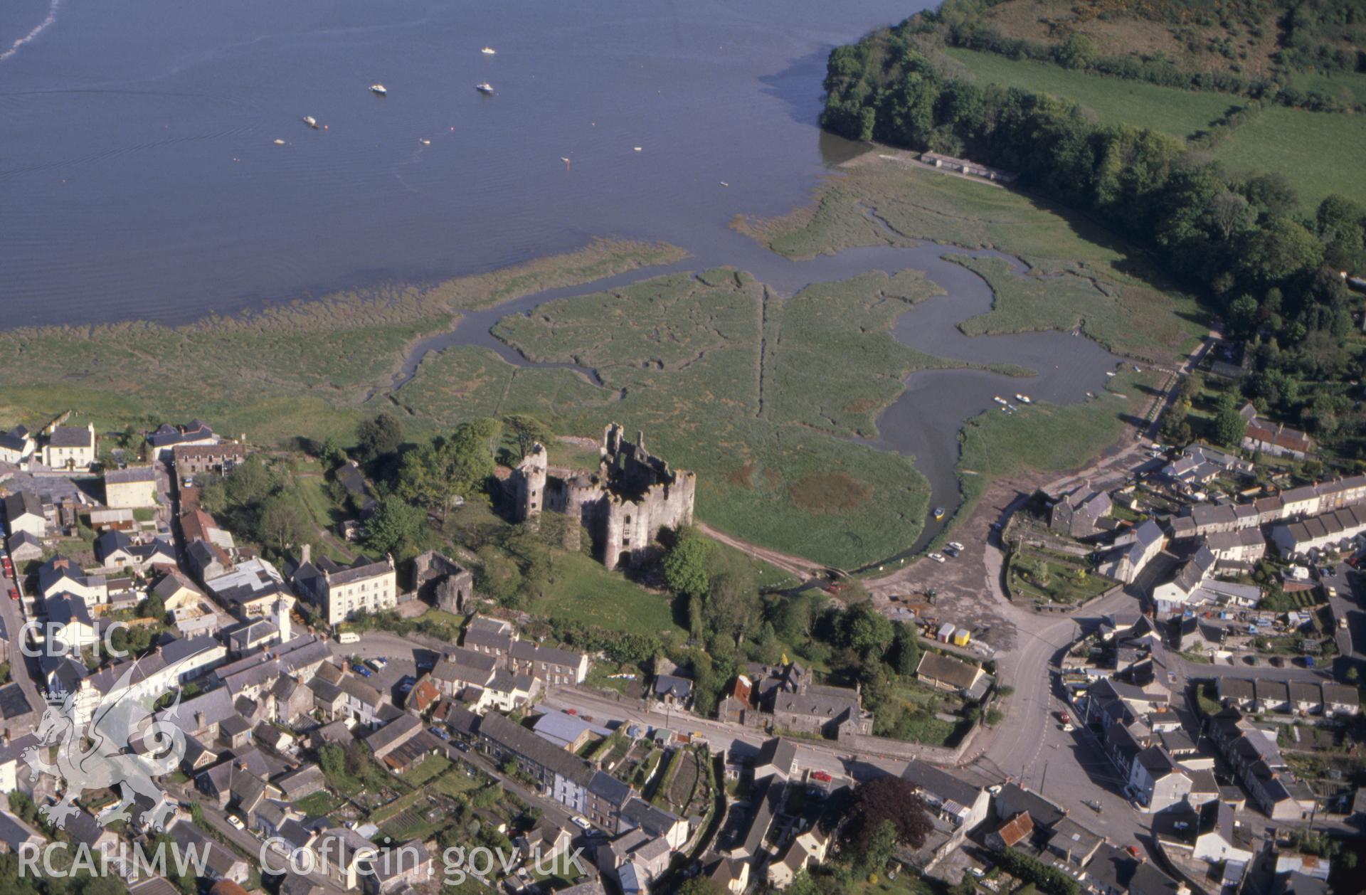 Slide of RCAHMW colour oblique aerial photograph of Laugharne Castle, taken by C.R. Musson, 18/5/1989.