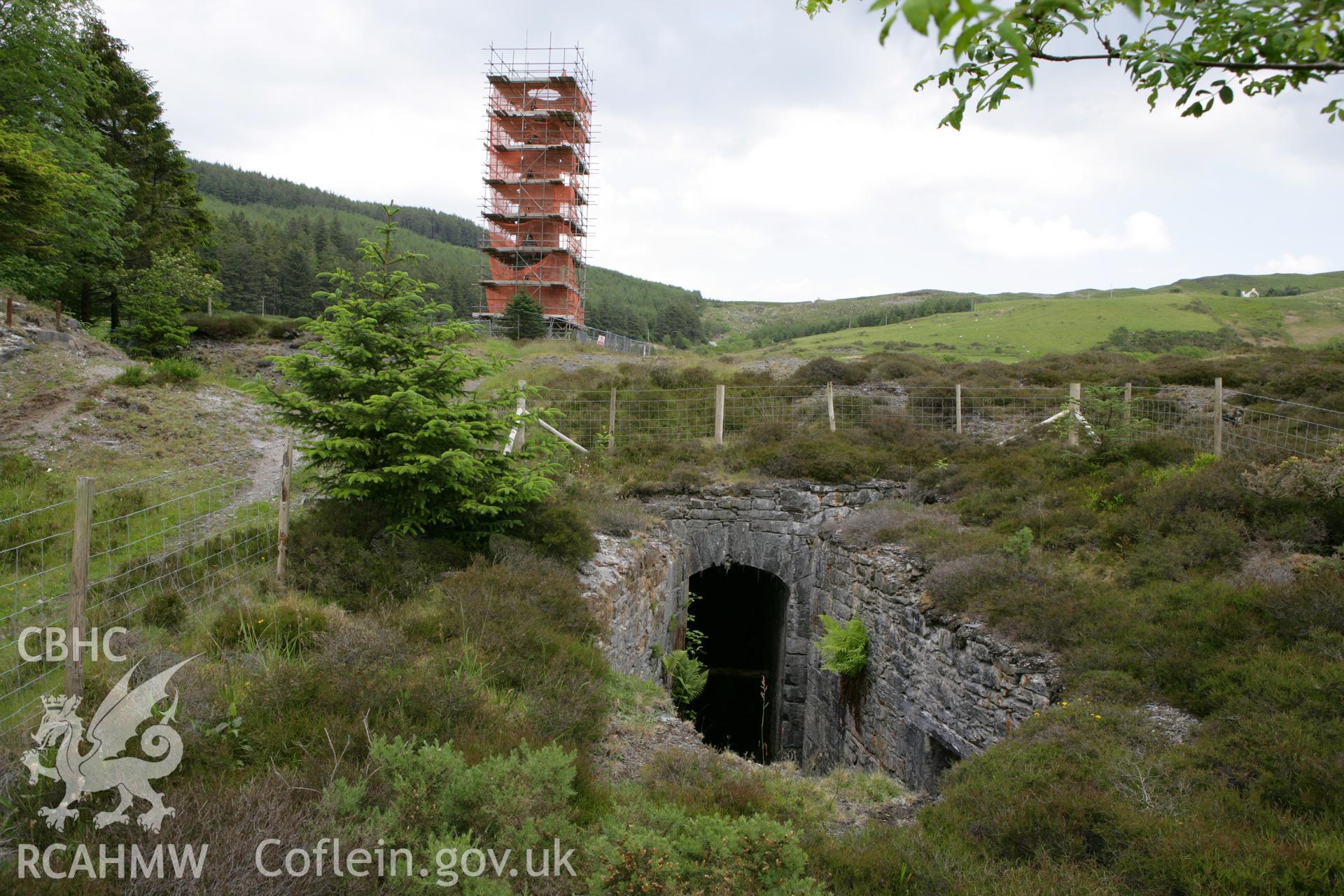 Cwmsymlog mine, view of Taylor's Shaft from west with stack beyond.