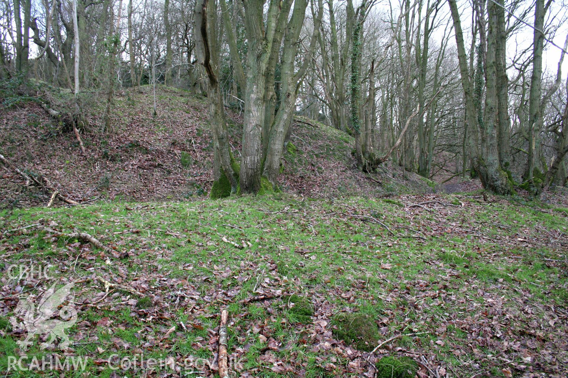 Gaer Fawr Hillfort.  Approach corridor  to the west gateway, from the west.