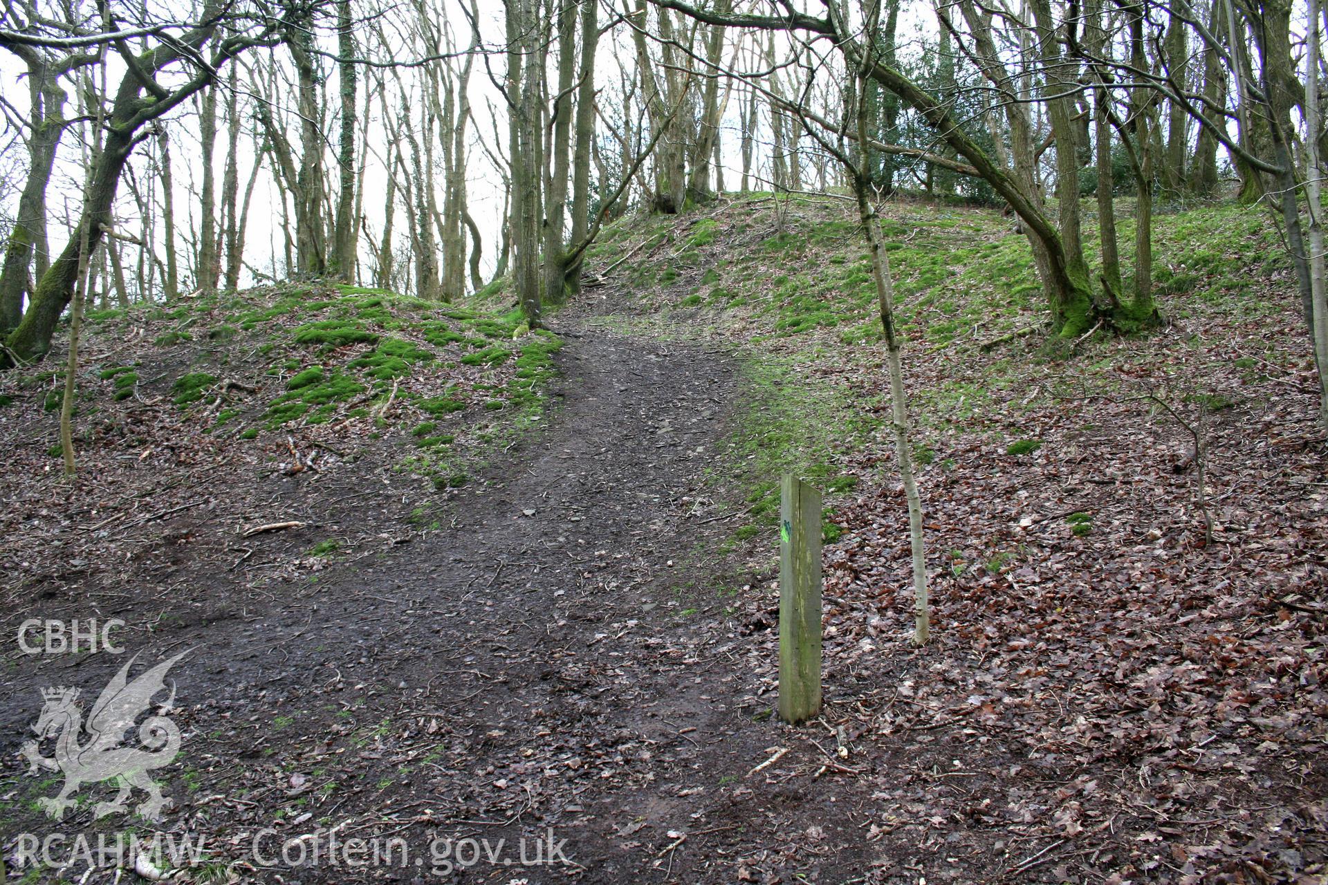 Gaer Fawr Hillfort.  Approach corridor up to the west gateway, from the south.